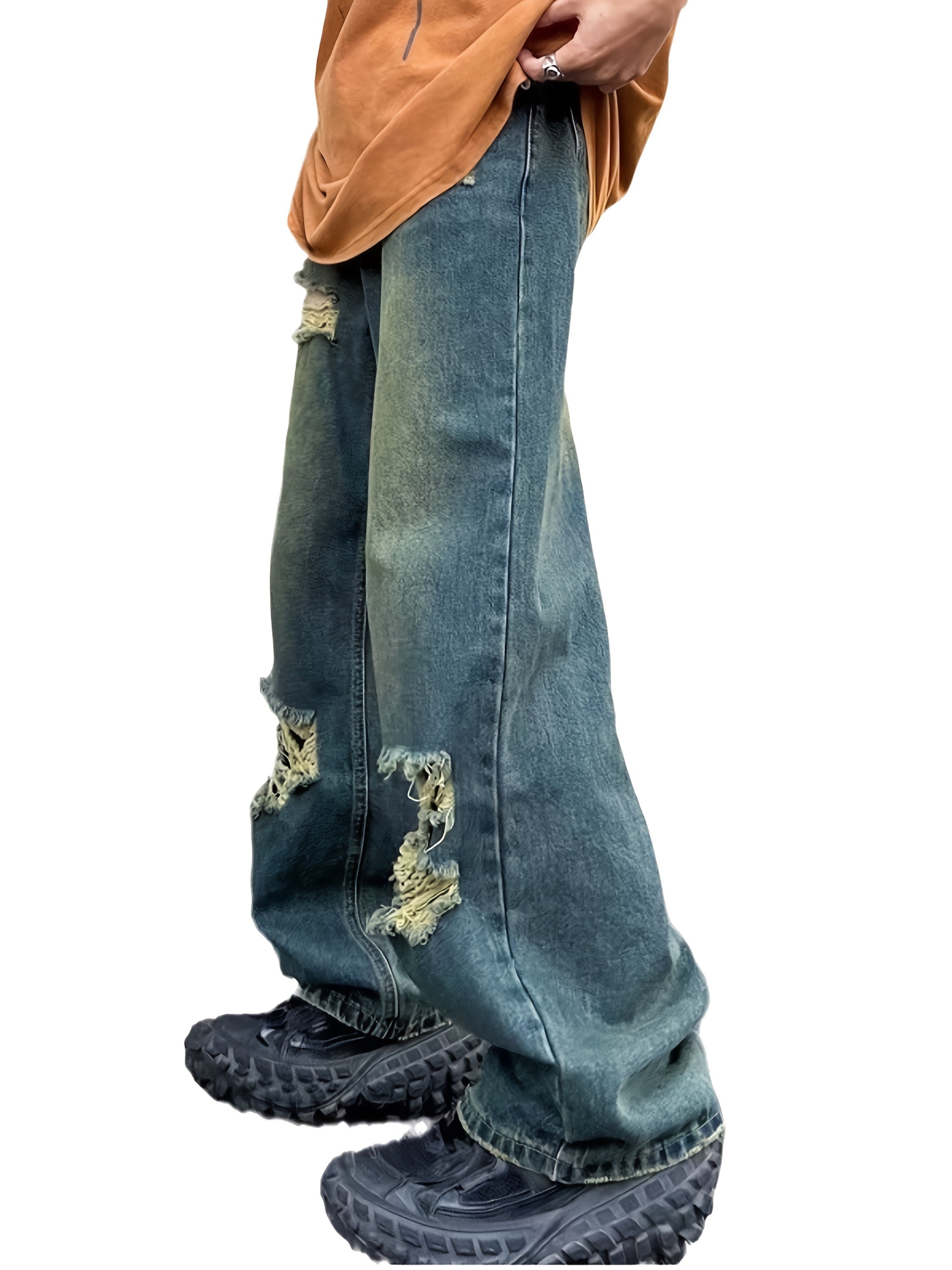 Men'S Fashion Design Sense Hole Straight Jeans Sanded Wide Leg Loose Casual Pants Walking Cycling Pants.