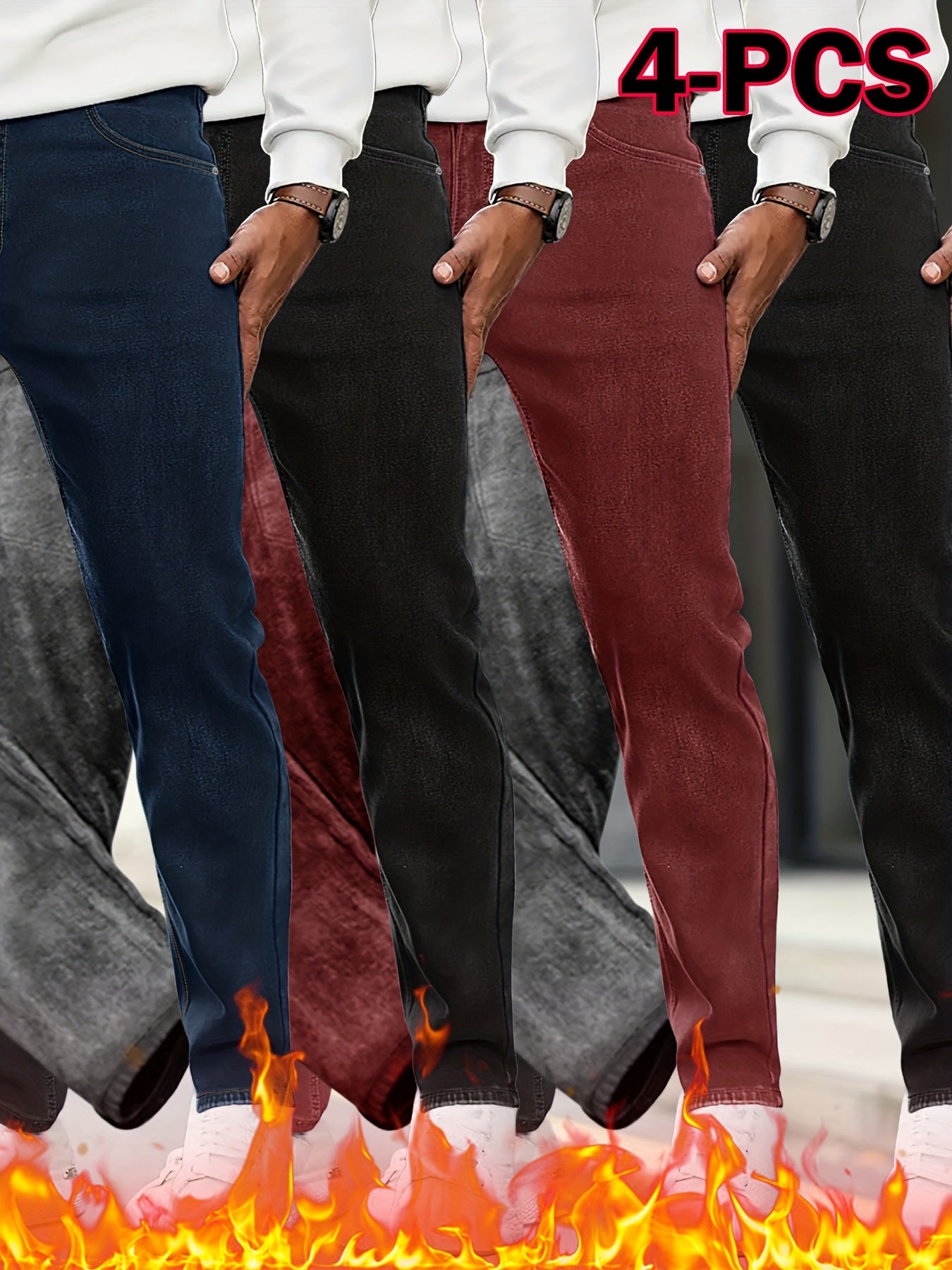 4pcs Men's Slim-Fit Fleece-Lined Jeans - Heavy-Duty Winter Pants with Stretch, Blue Washed & Classic 5-Pocket (No Bulk) - Warm Streetwear Trousers for Cold Weather (Hand Wash\u002FDry Clean) - Multi-Season Layering Essential