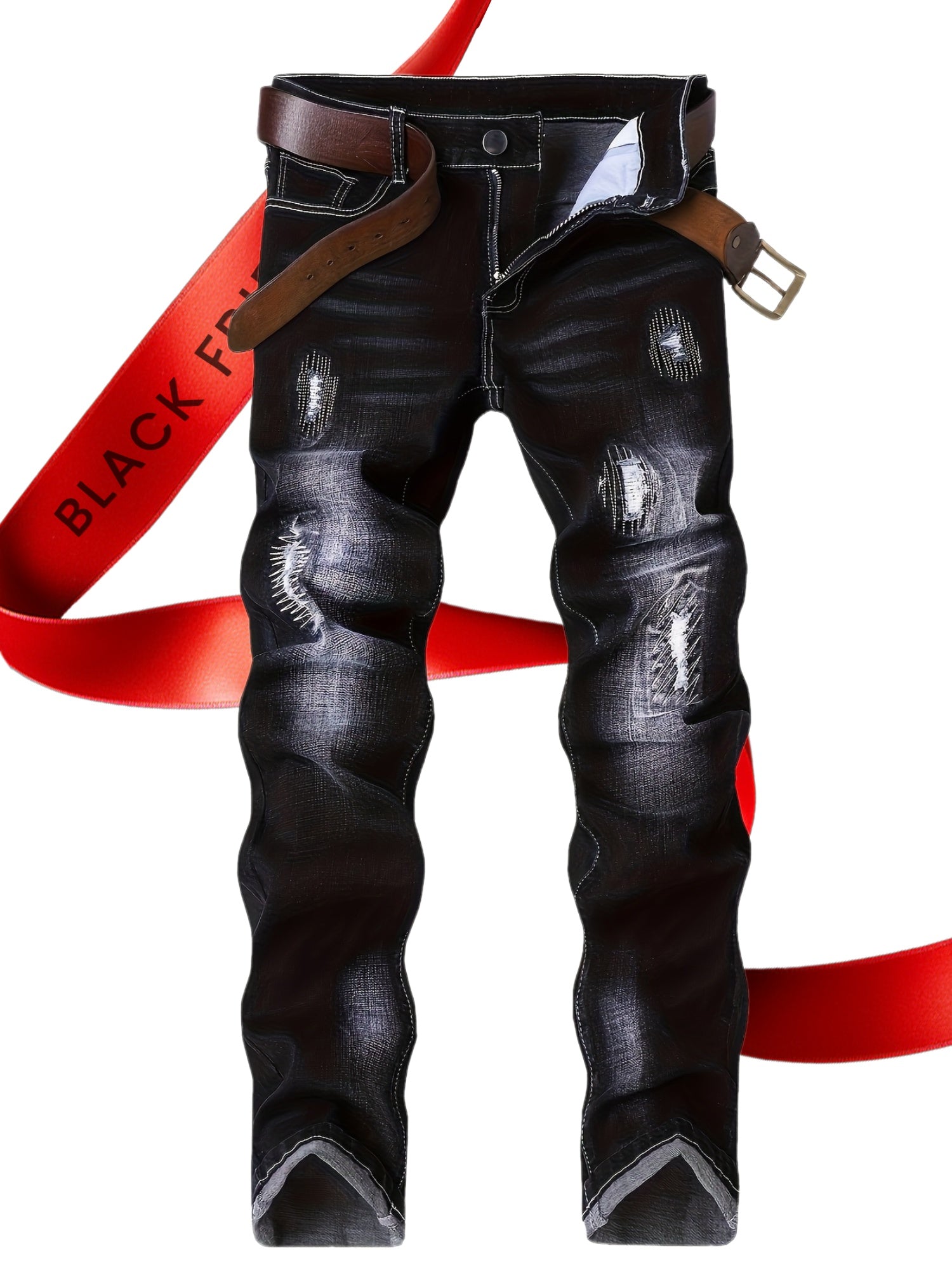 3pcs Men'S Slim-Fit Stretch Denim Jeans with Distressed Knee Rips & Embroidery - Casual All-Season Skinny Pants for Casual Attire, Allseason Jeans | Embroidered Denim | Stretch Denim Fabric