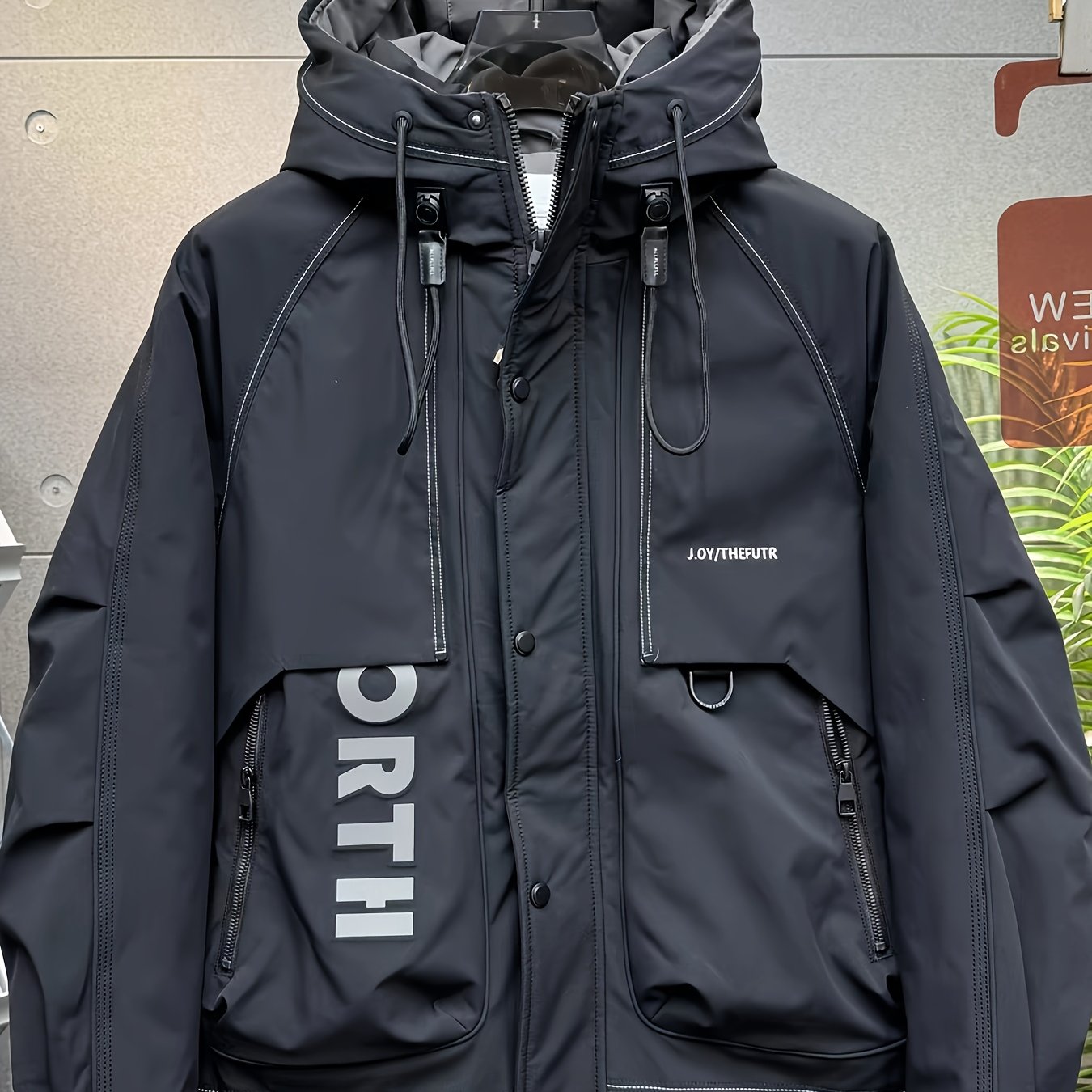 Men'S Casual Hooded Jacket with Alphabet Pattern, Regular Fit, Duck Filled, Non-Stretch Polyester Fabric, Woven, with Pockets - Winter Outdoor Workwear Coat