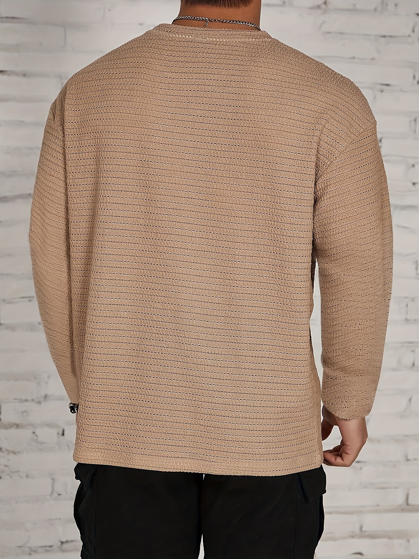Men's Long-Sleeve T-Shirt - Solid Color Round Neck Casual Shirt, Breathable & Light Beige-Friendly, Spring\Autumn Layering Essential, Versatile for Dress Codes (Office to Smart-Casual), Machine Washable Regular Fit in Neutral Tones