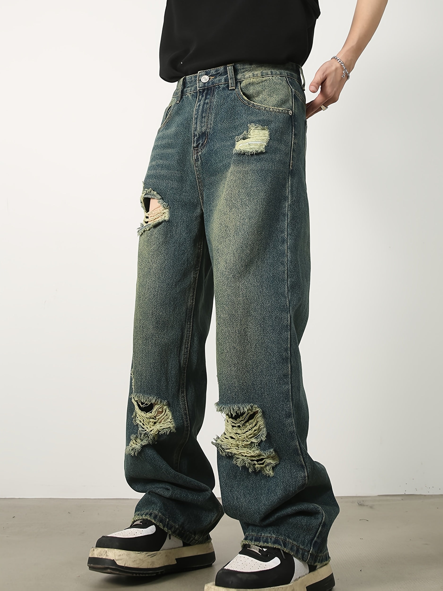 Men'S Fashion Design Sense Hole Straight Jeans Sanded Wide Leg Loose Casual Pants Walking Cycling Pants.