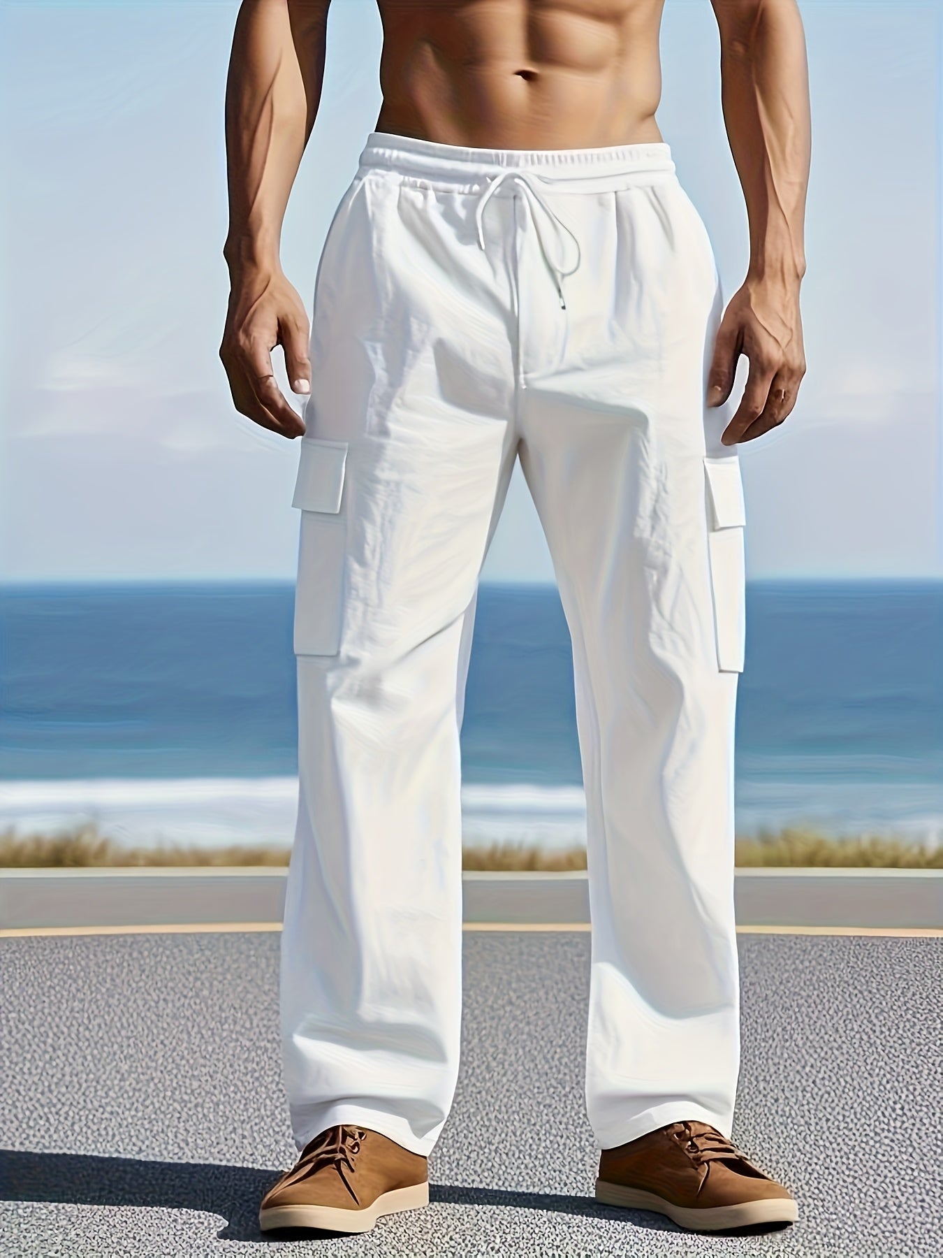 Linen Pants - Wide-Leg Relaxed Fit with Multiple Utility Pockets, Belt Loops & Mid-Rise Waist | Casual & Dress Pants for, Travel, Beach | Breathable Fiber Trousers (Machine Washable)