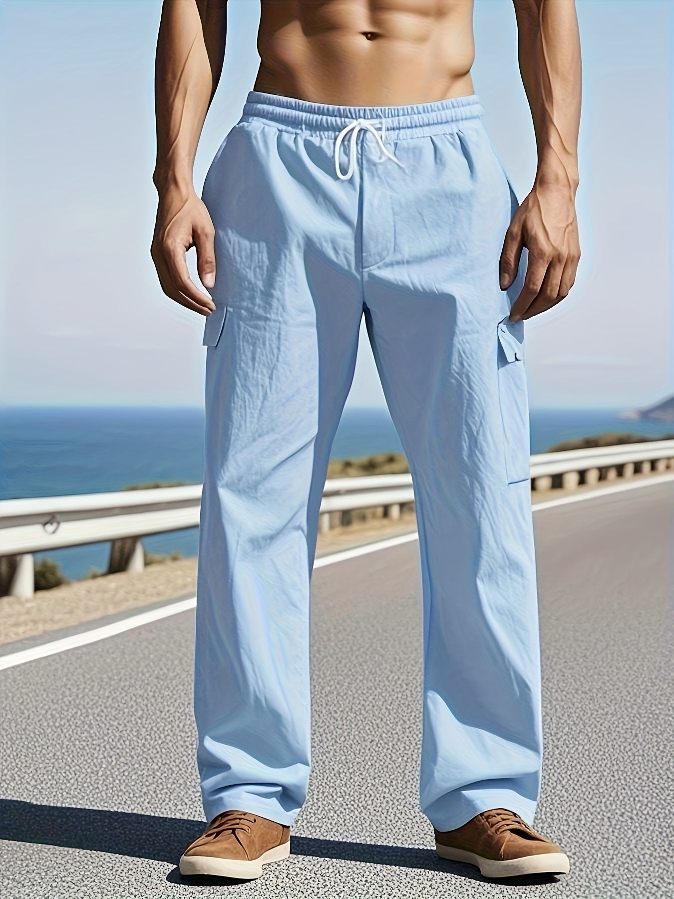 Linen Pants - Wide-Leg Relaxed Fit with Multiple Utility Pockets, Belt Loops & Mid-Rise Waist | Casual & Dress Pants for, Travel, Beach | Breathable Fiber Trousers (Machine Washable)