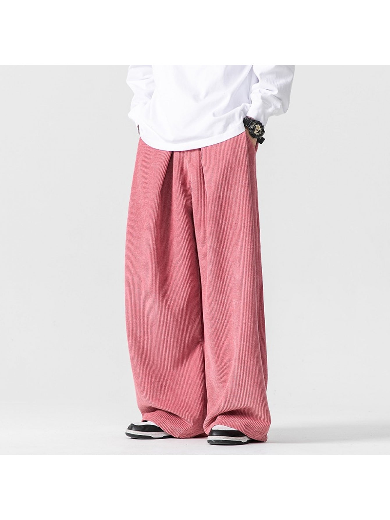 Men's Vintage Corduroy Wide-Leg Pants - Dark Gray Loose-Fit Trousers with Elastic Waist & Drawstring, Soft Casual All-Season Comfort, Corduroy Texture (No-Stretch Fabric) for & s - Ideal Gift or Casual Attire