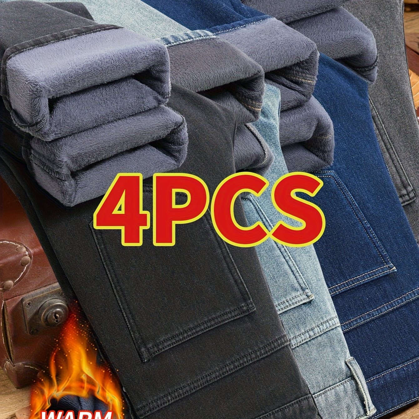 4pcs Winter Fleece Men'S Jeans, Loose Straight Leg Pants, 2025 Autumn\u002Fwinter Collection, Thick And Warm Pants For Men