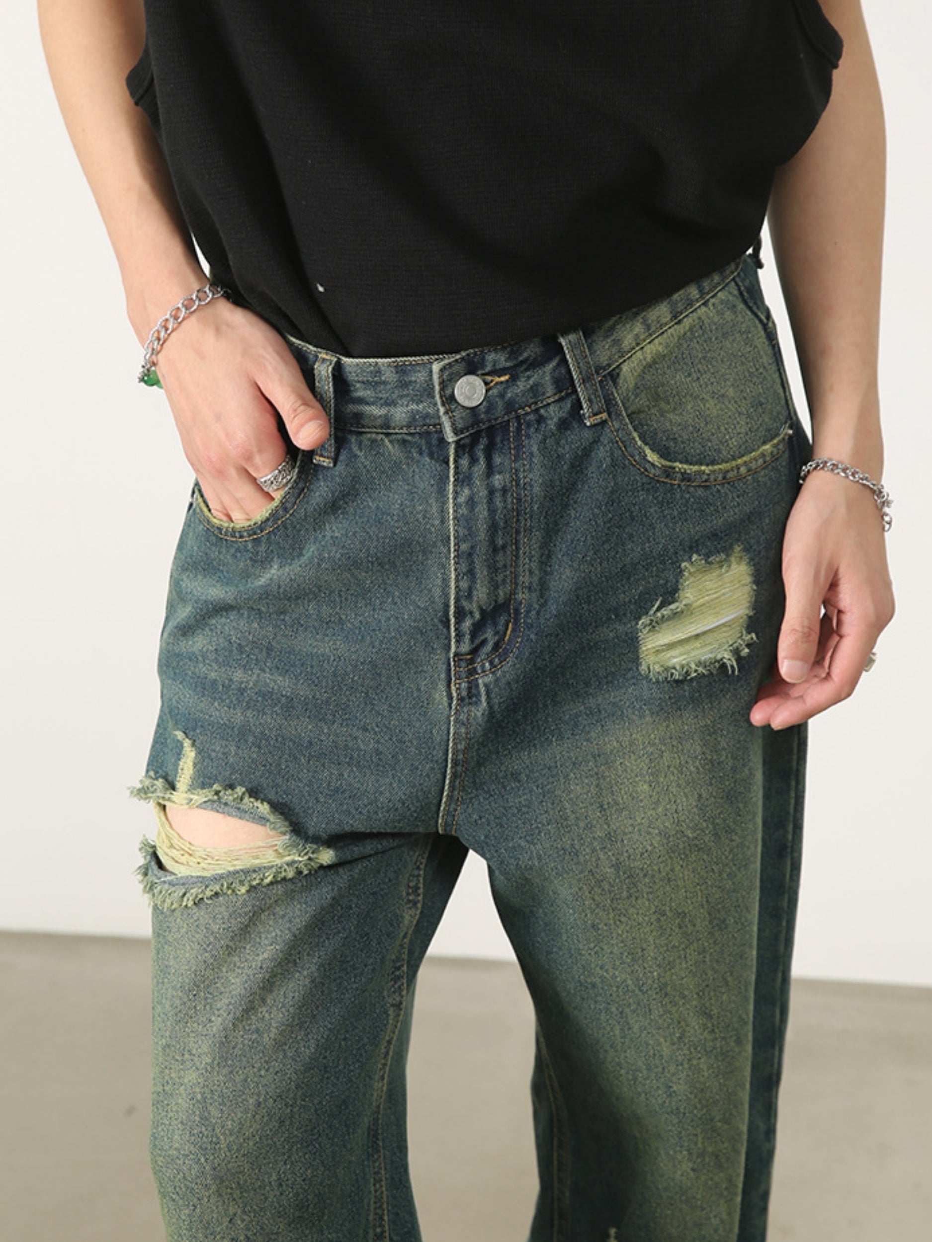 Men's Denim New Design Sense Street Dance Hip-hop Skateboard Hole Straight Leg Jeans Frosted Wide Leg Loose Casual Denim Pants