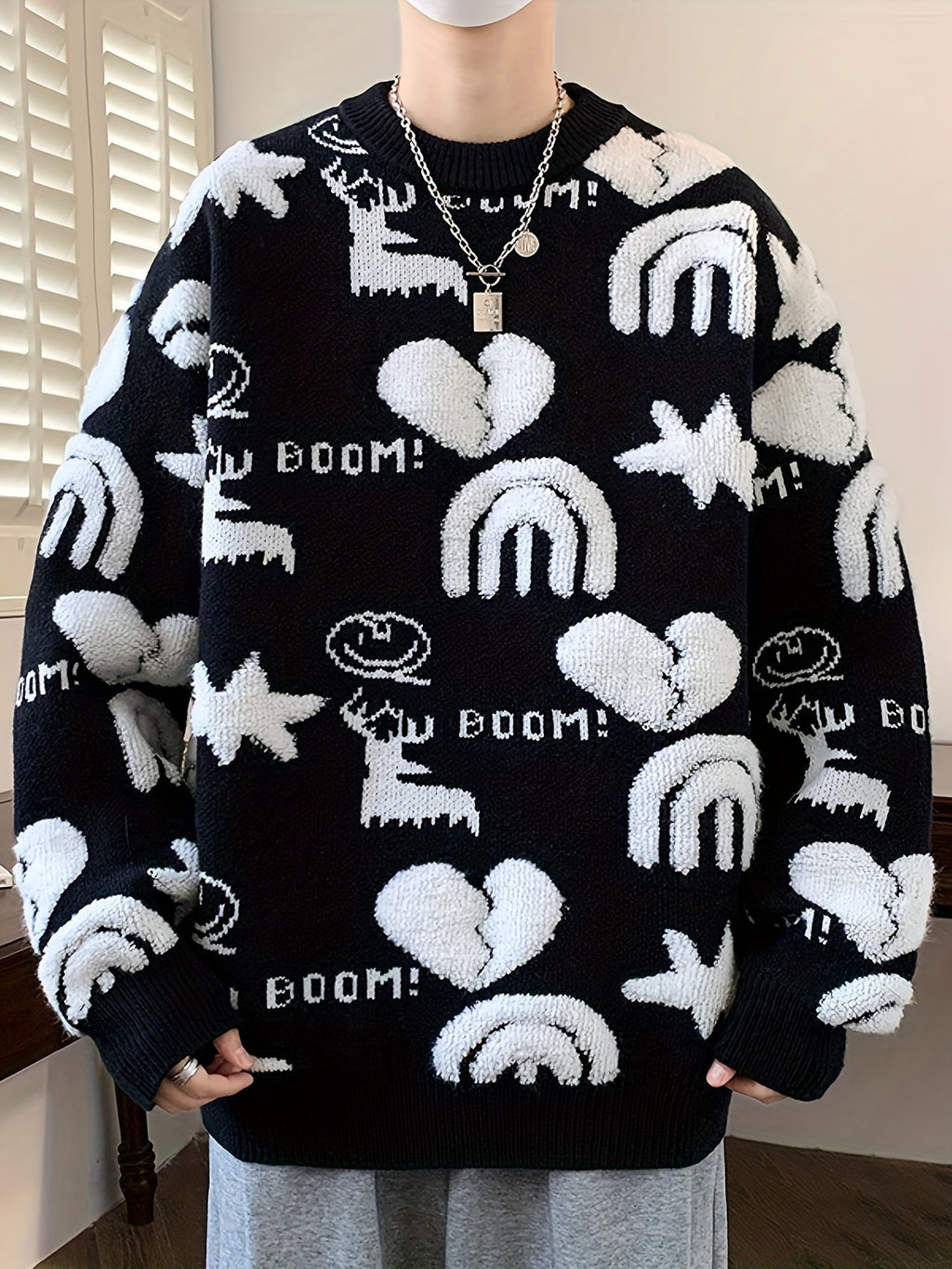 Genghis Men's Casual Winter Sweater - Thick Warm Black & Red Floral Print with Hearts, Stars & BOOM! Text, Loose Fit Round Neck, High Elasticity Machine-Washable for Autumn\u002FWinter, Cozy Sweater, Trendy Outfit, Nontransparent Material