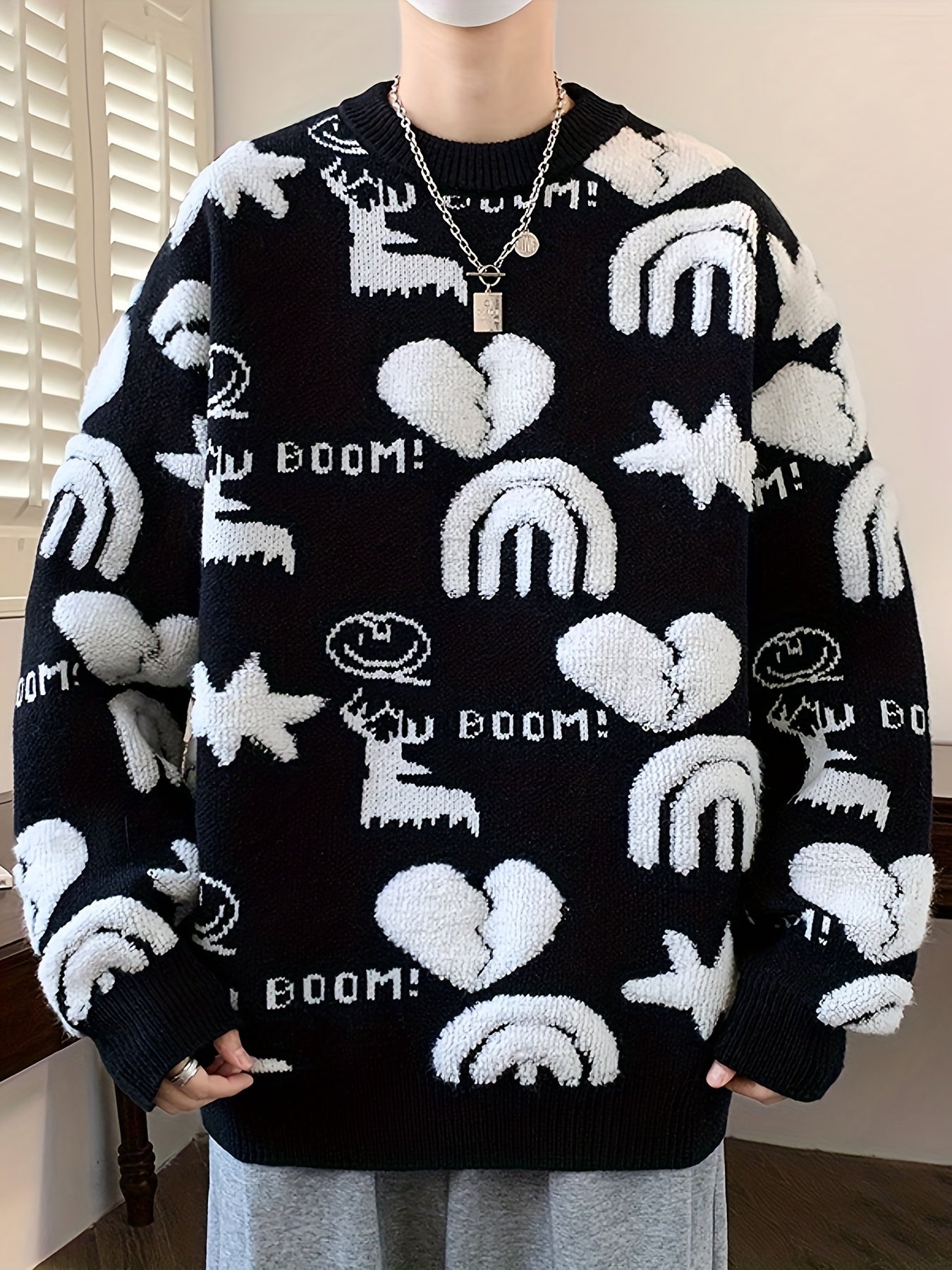 Genghis Men's Casual Winter Sweater - Thick Warm Black & Red Floral Print with Hearts, Stars & BOOM! Text, Loose Fit Round Neck, High Elasticity Machine-Washable for Autumn\u002FWinter, Cozy Sweater, Trendy Outfit, Nontransparent Material