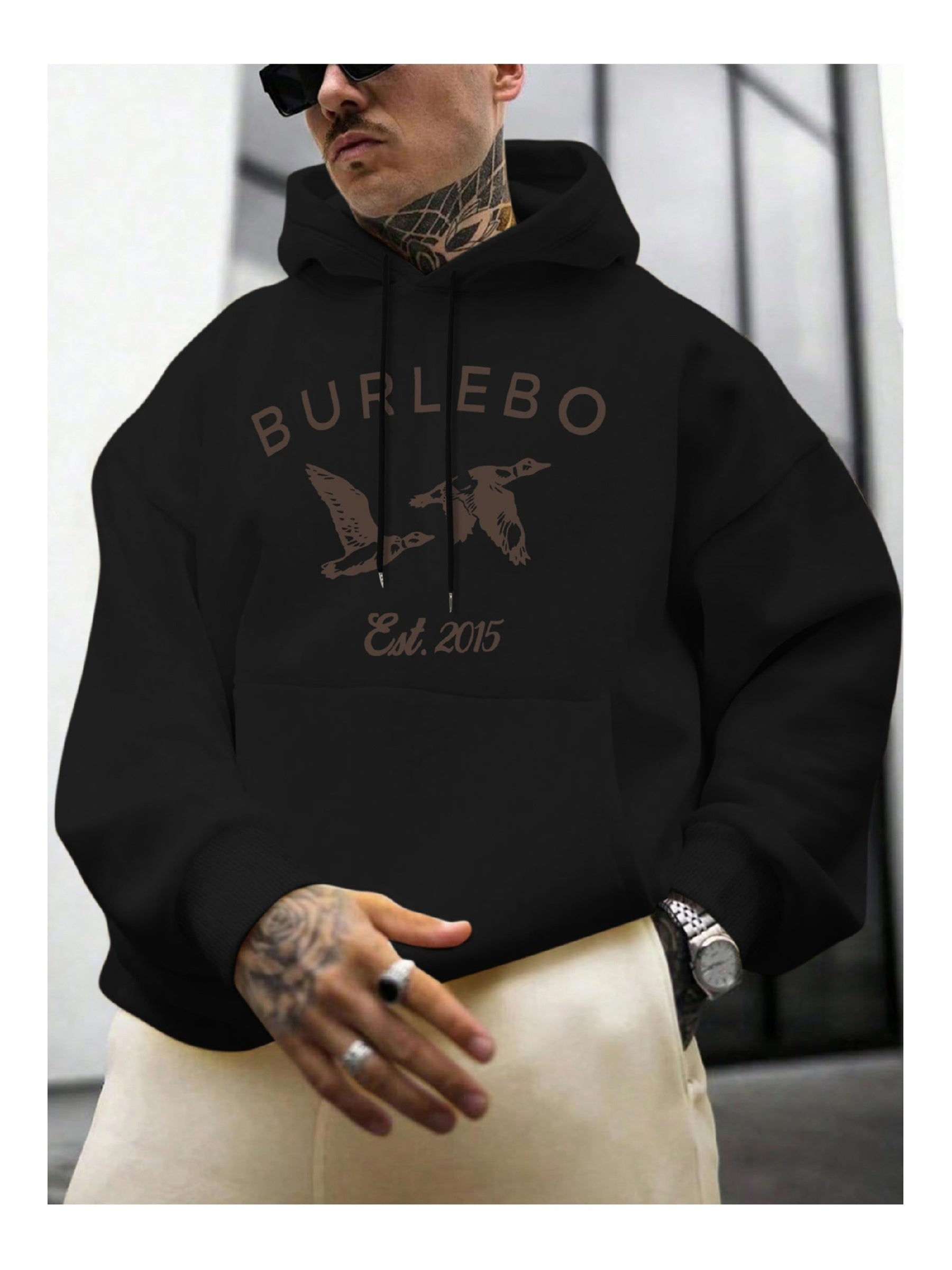 Burlebo Men'S & Women'S Hooded Sweater - Black Geometric Bird Print & Burlebo Lettering Pullover, Blend Winter Sweater with Kangaroo Pocket, Machine Washable Urban Streetwear for Game Day & Casual Outfits, Edgy Aesthetic Unisex Hoodie (Regular Fit