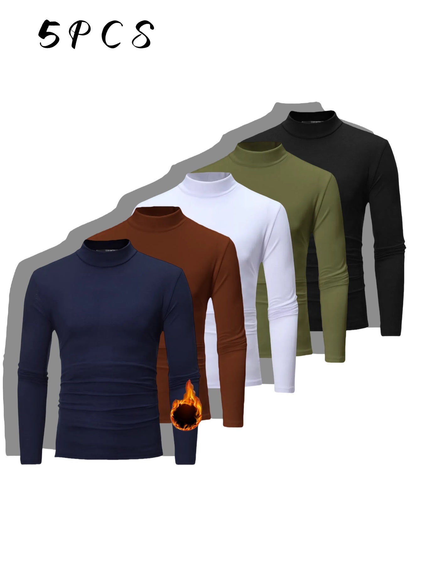 Men's 5pcs set of imitation high-collared shirt warm underwear - slim fit long sleeves, elastic fabric, suitable for autumn and winter