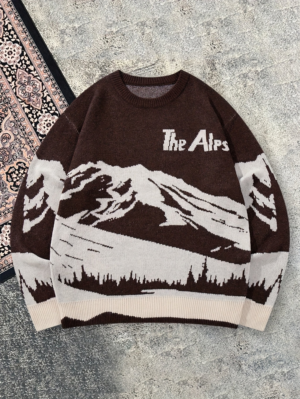 Winter Warm Sweater - Oversized Brown\Mountain Print Pullover with The Alps Lettering, Long Sleeve Round Neck Casual Coat for Skiing &, Hand Washable Loose Fit Sweater Jacket
