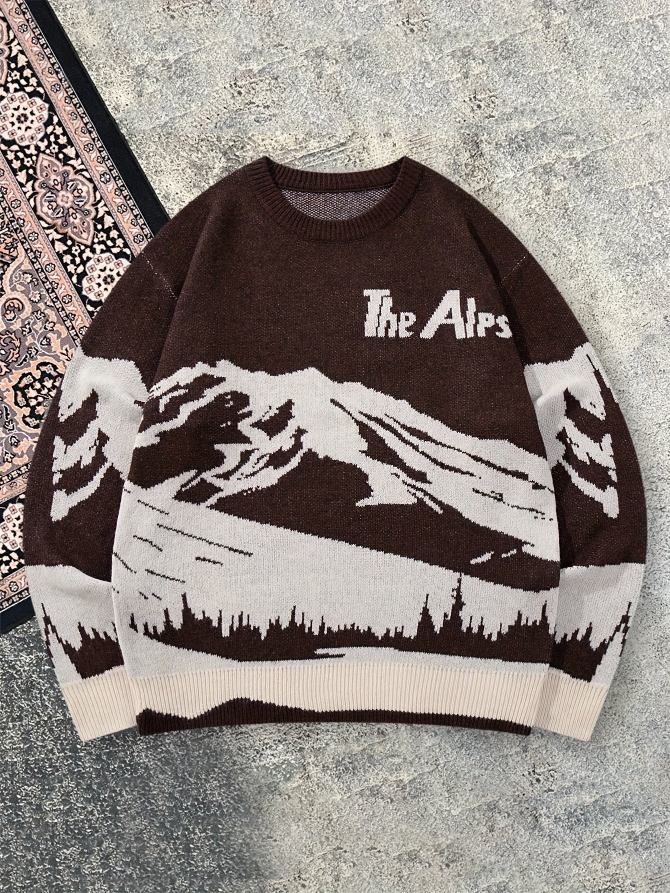Winter Warm Sweater - Oversized Brown\Mountain Print Pullover with The Alps Lettering, Long Sleeve Round Neck Casual Coat for Skiing &, Hand Washable Loose Fit Sweater Jacket