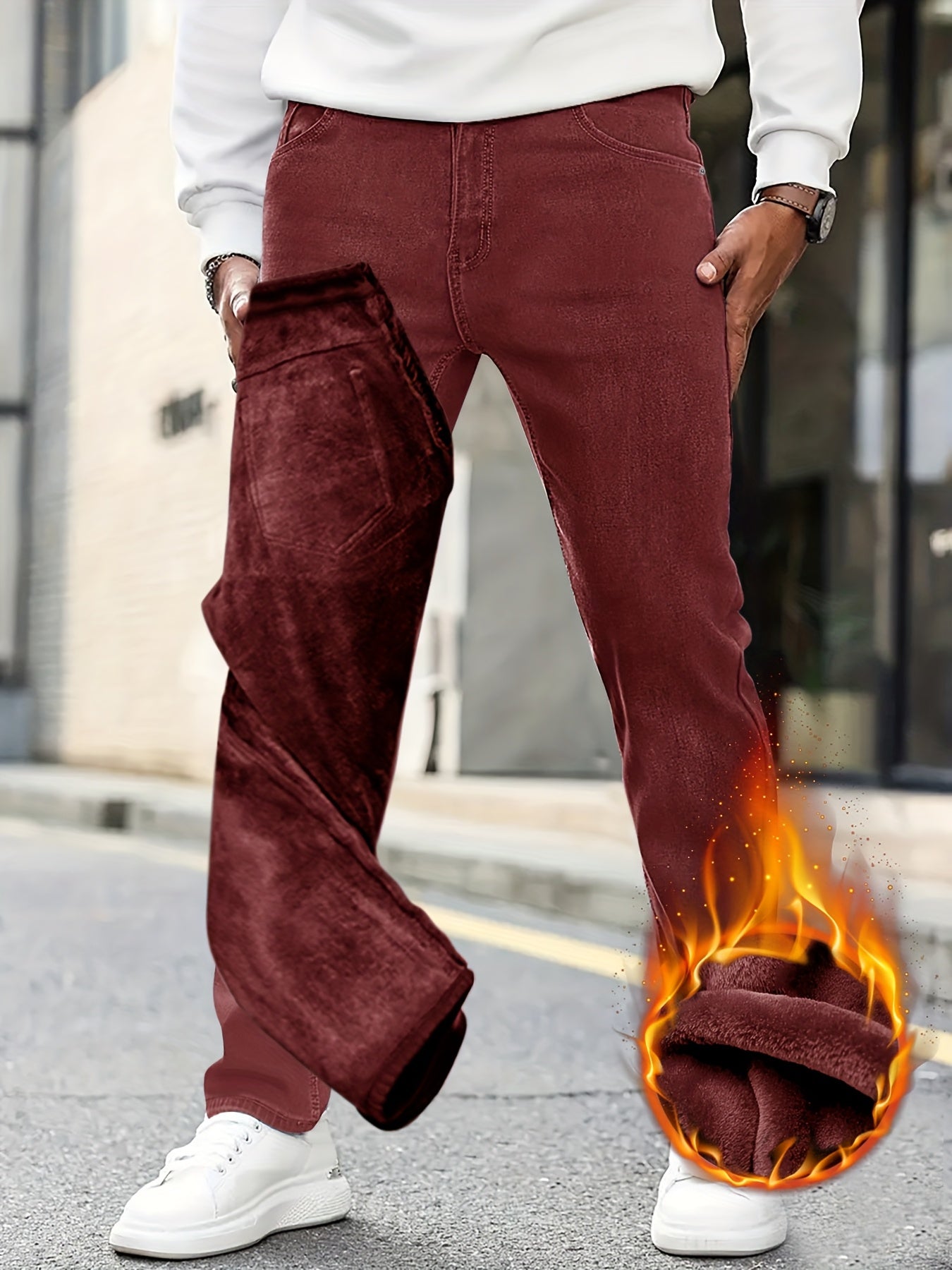 4pcs Men's Slim-Fit Fleece-Lined Jeans - Heavy-Duty Winter Pants with Stretch, Blue Washed & Classic 5-Pocket (No Bulk) - Warm Streetwear Trousers for Cold Weather (Hand Wash\u002FDry Clean) - Multi-Season Layering Essential