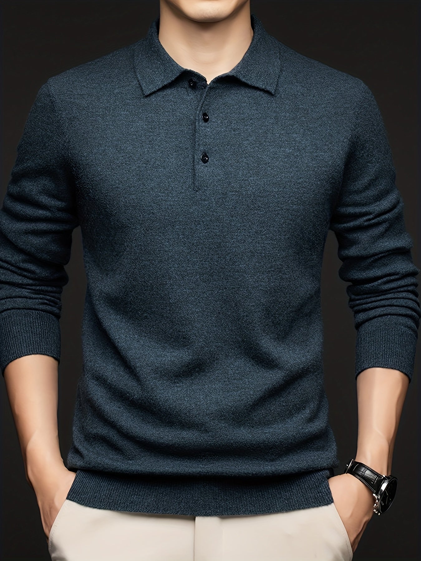 Men's 100% Thickened Lapel Sweater - Solid Color Warm Underlayer for Base Layer, Office & Commuting, Dry Clean Only Retro Style Classic Collar, High-End Layering Piece for All-Season Wear, Commuting Outfit, Timeless Design, Premium Material, Men'S