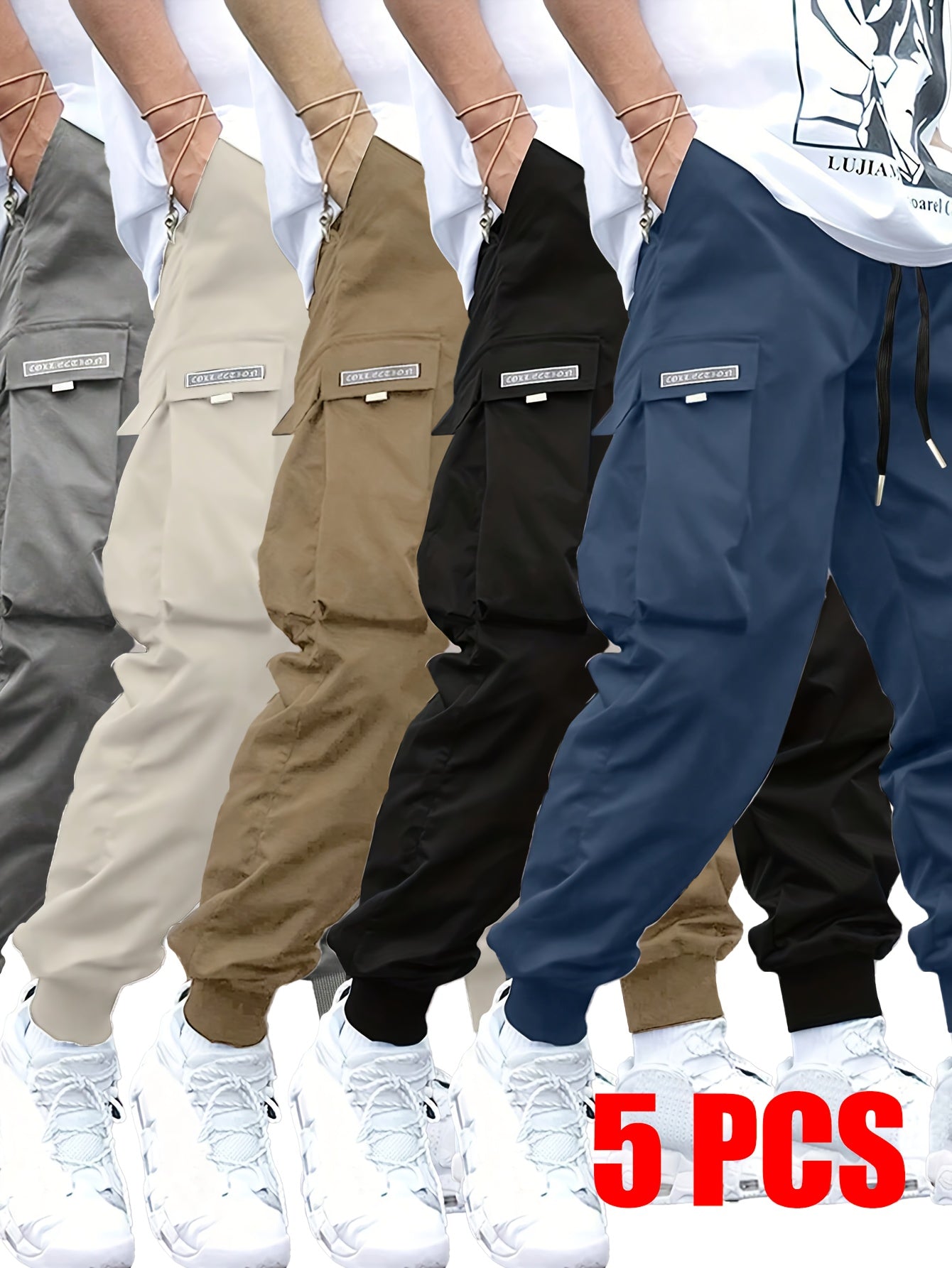 5-Pack Men's Cargo Pants with Elastic Drawstring Waist & Multiple Pockets - Durable Non-Stretch Fabric, Regular Fit All-Season Casual Outdoor Work Pants in 5 Colors (Beige\u002FGray\u002FBrown\u002FBlack\u002FNavy)