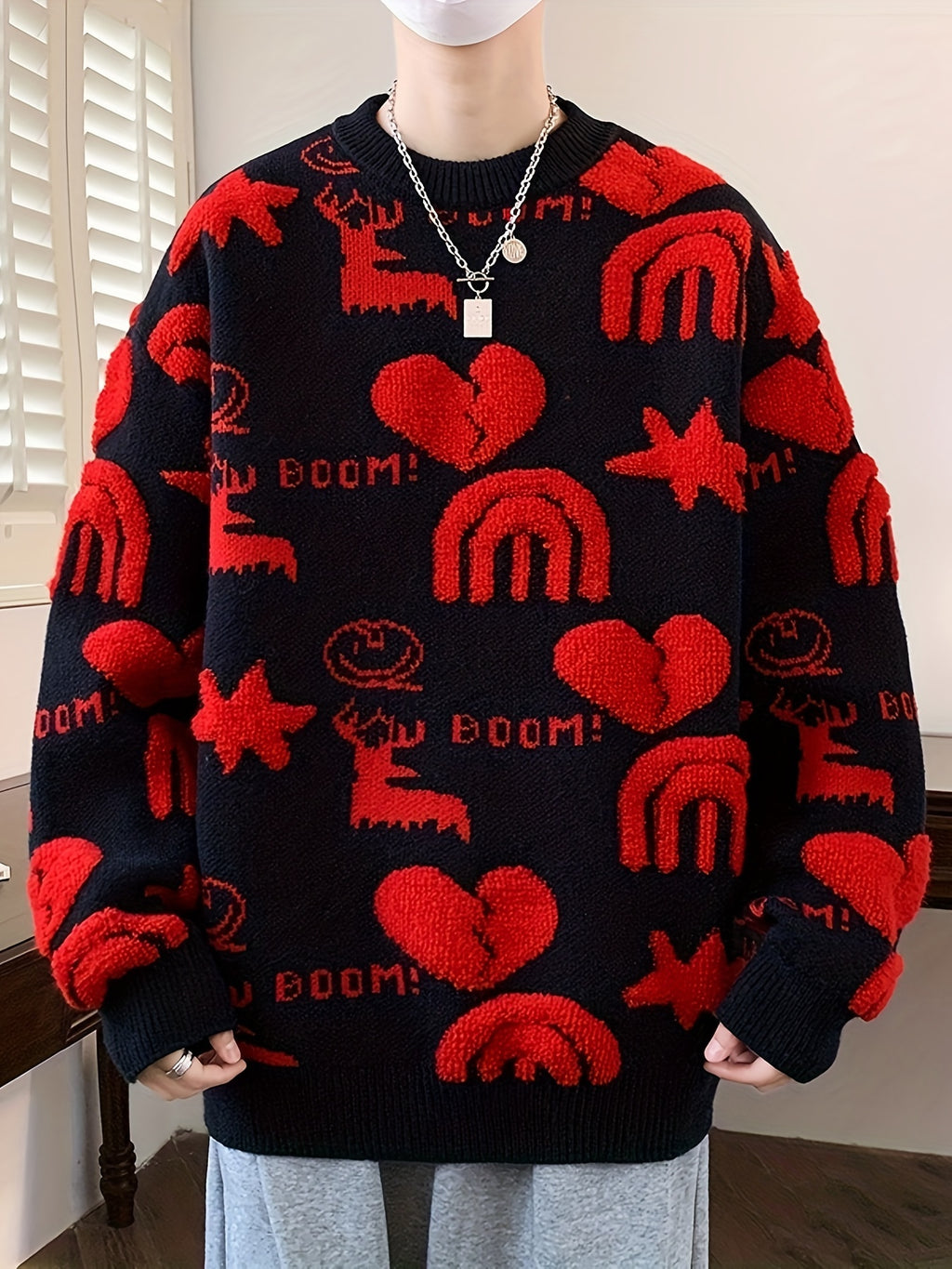 Genghis Men's Casual Winter Sweater - Thick Warm Black & Red Floral Print with Hearts, Stars & BOOM! Text, Loose Fit Round Neck, High Elasticity Machine-Washable for Autumn\u002FWinter, Cozy Sweater, Trendy Outfit, Nontransparent Material