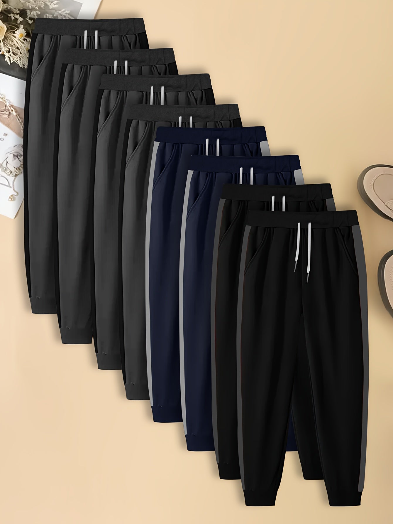 Men's Casual Jogger Pants, Loose-Fit Straight-Leg Trousers with Elastic Waist & Drawstring, Gym Lounge Casual Attire, 8 pcs Set, Multi-Color Options (Black Navy Dark Grey Brown), Machine Washable Bulk Pack