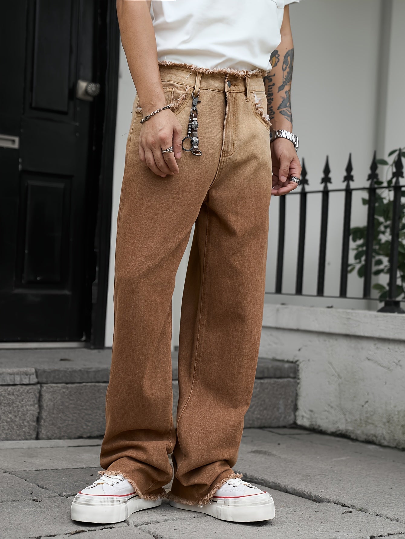 Men'S Vintage Washed Ombre Jeans - Casual Straight-Leg Pants with Frayed Hem, Gradient Brown to White Design, Loose Fit for Everyday & Weekend Wear, Relaxed Fit Jeans, Hiphop Style Pants, Nonstretch Fabric