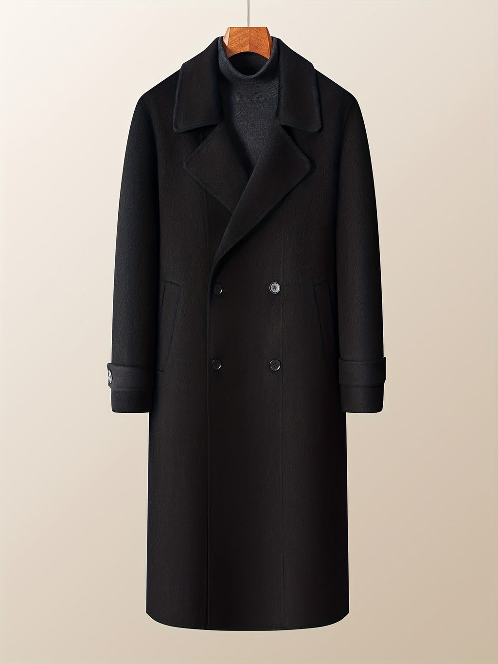 Men's Heavyweight 100% Wool Double-Breasted Coat - Winter Warm Collar & Notch Jacket, Full-Length Black Suit Outerwear for Formal\u002FCasual Events, Parties, Weddings (Dry Clean Only)