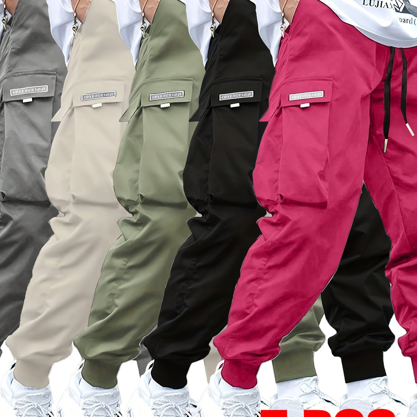 5-Pack Men's Cargo Pants with Elastic Drawstring Waist & Multiple Pockets - Durable Non-Stretch Fabric, Regular Fit All-Season Casual Outdoor Work Pants in 5 Colors (Beige\u002FGray\u002FBrown\u002FBlack\u002FNavy)
