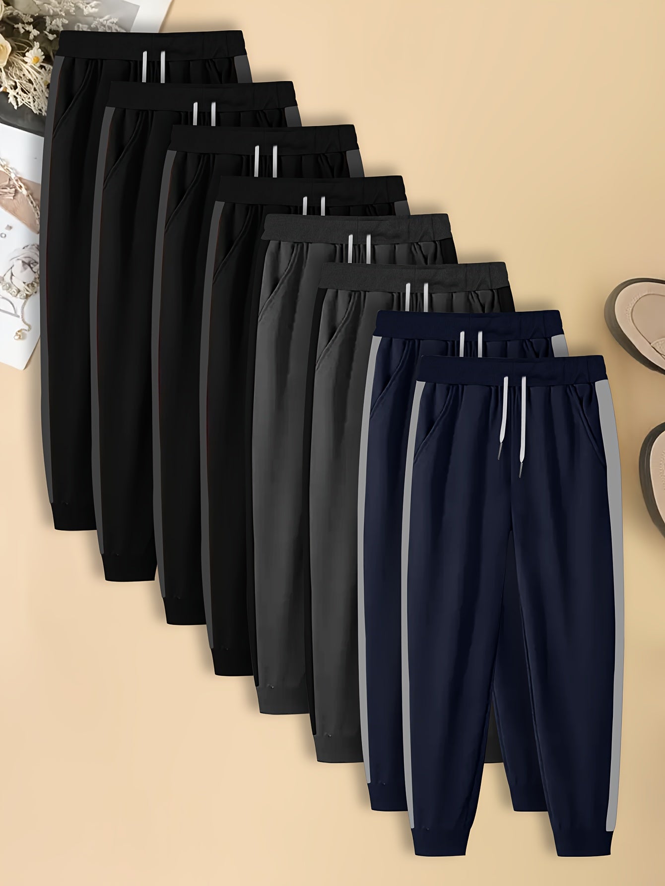 Men's Casual Jogger Pants, Loose-Fit Straight-Leg Trousers with Elastic Waist & Drawstring, Gym Lounge Casual Attire, 8 pcs Set, Multi-Color Options (Black Navy Dark Grey Brown), Machine Washable Bulk Pack
