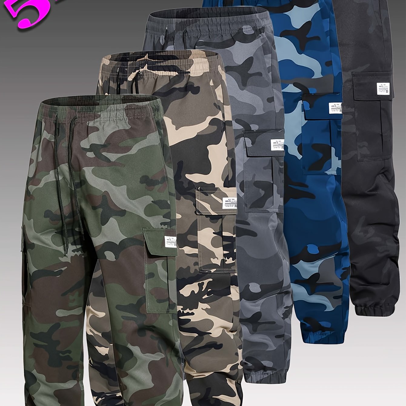 Five Pairs of Men's Sportswear Trousers - Multi-Functional Pockets - Suitable for All Seasons - Camouflage Pattern - Suitable for Work - Outdoor Activities - Mountain Climbing - Jogging (Black, Gray, Khaki, Lake Blue, Military Green)