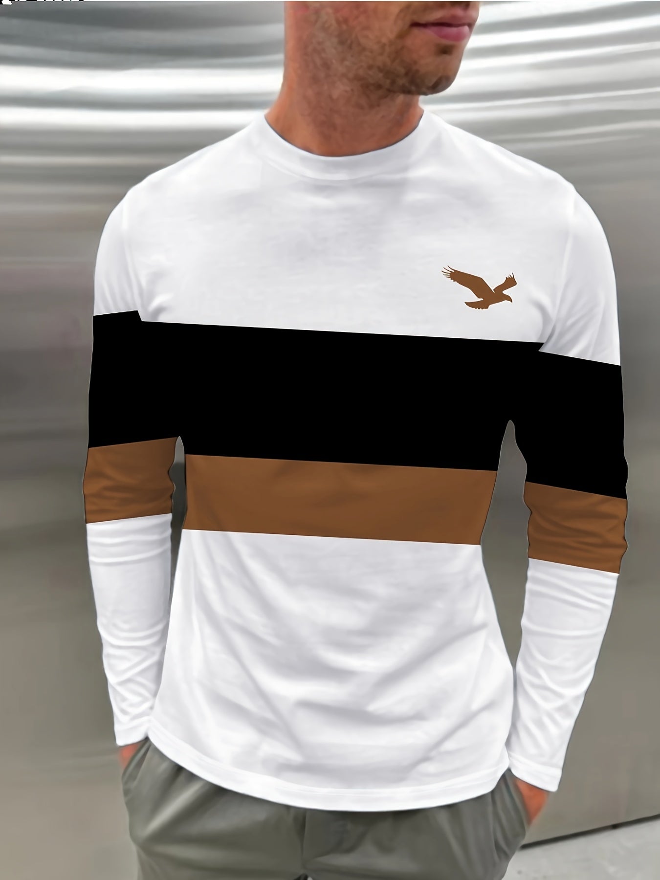 Men'S Long Sleeve T-Shirt with Eagle Logo - White & Brown Striped Design, Regular Fit, All-Season Comfort, Casual Style, Comfortable Clothing | Logo Tshirt | Stretchable Fabric