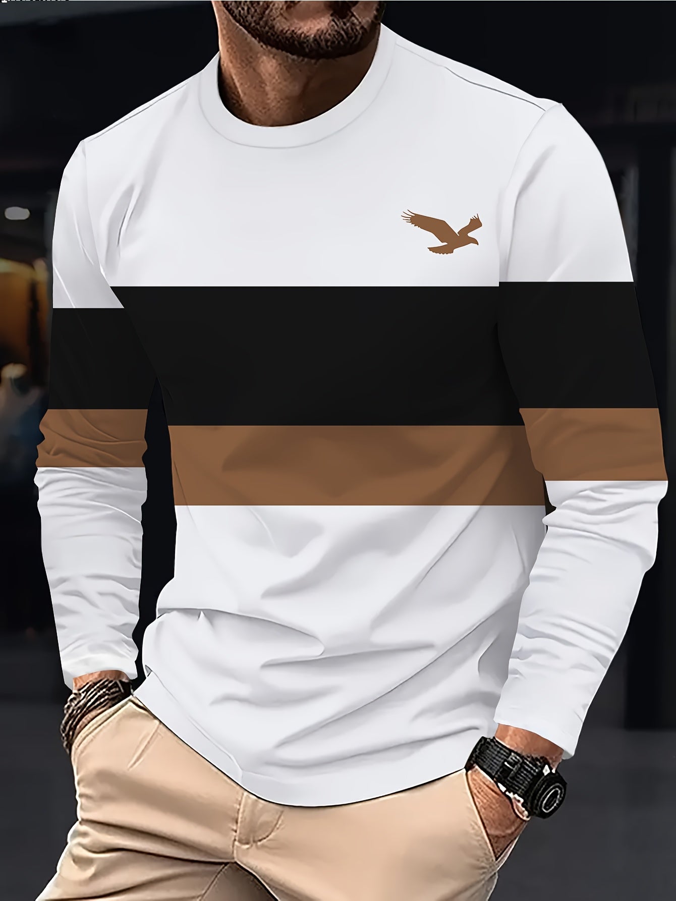 Men'S Long Sleeve T-Shirt with Eagle Logo - White & Brown Striped Design, Regular Fit, All-Season Comfort, Casual Style, Comfortable Clothing | Logo Tshirt | Stretchable Fabric