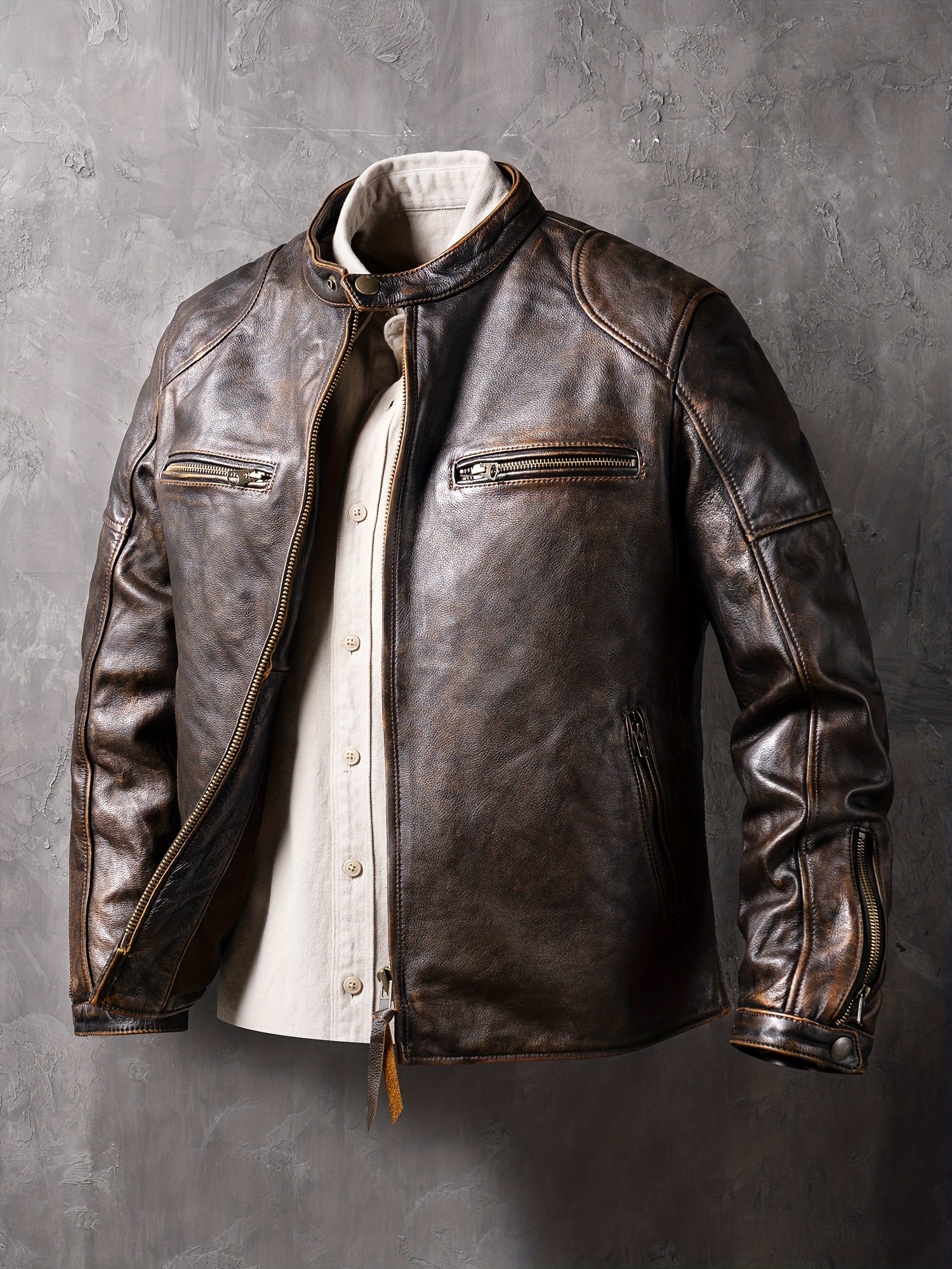 Men'S Vintage Style Jacket with Stand Collar, Zipper Closure, and Functional Pockets - Slim Fit, Long Sleeve, Casual Workwear Jacket in Brown