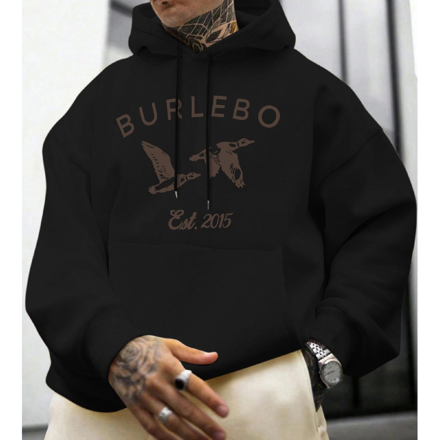 Burlebo Men'S & Women'S Hooded Sweater - Black Geometric Bird Print & Burlebo Lettering Pullover, Blend Winter Sweater with Kangaroo Pocket, Machine Washable Urban Streetwear for Game Day & Casual Outfits, Edgy Aesthetic Unisex Hoodie (Regular Fit