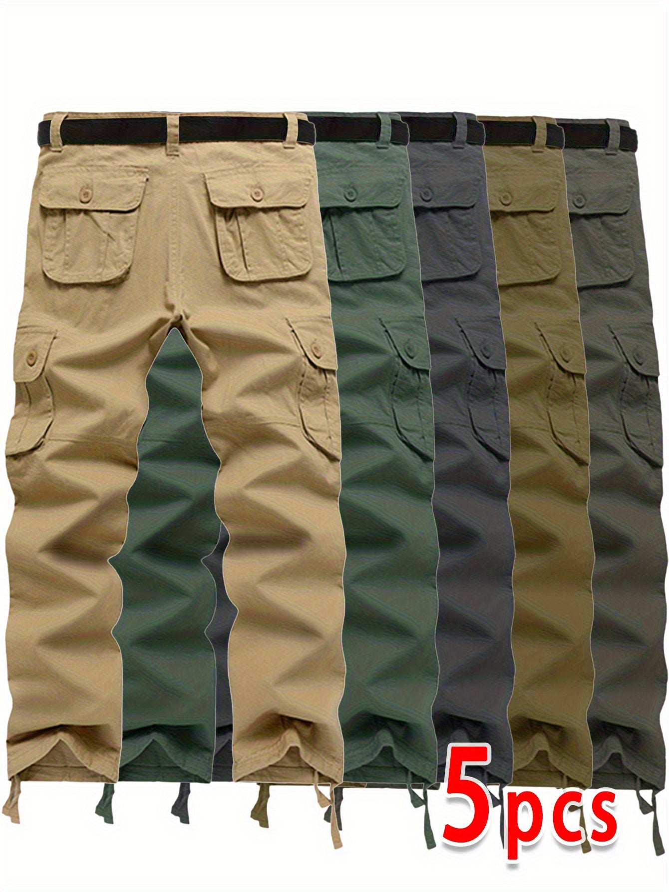 Five-Pack Men's Cargo Pants for Spring\Autumn, Multi-Pocket Solid Color Casual Straight-Leg Sports Outdoor Hiking Pants with Large Capacity Pockets, Loose Work Pants