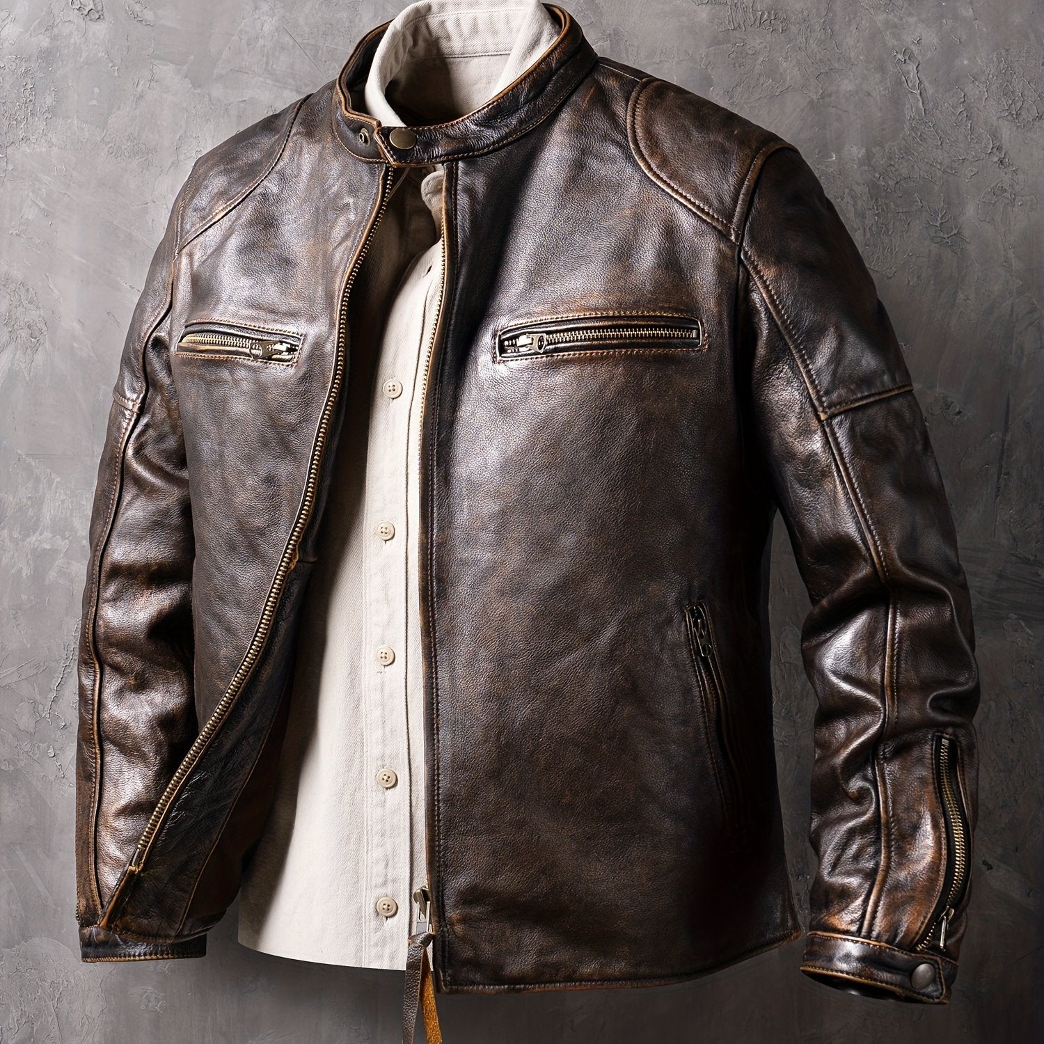 Men'S Vintage Style Jacket with Stand Collar, Zipper Closure, and Functional Pockets - Slim Fit, Long Sleeve, Casual Workwear Jacket in Brown