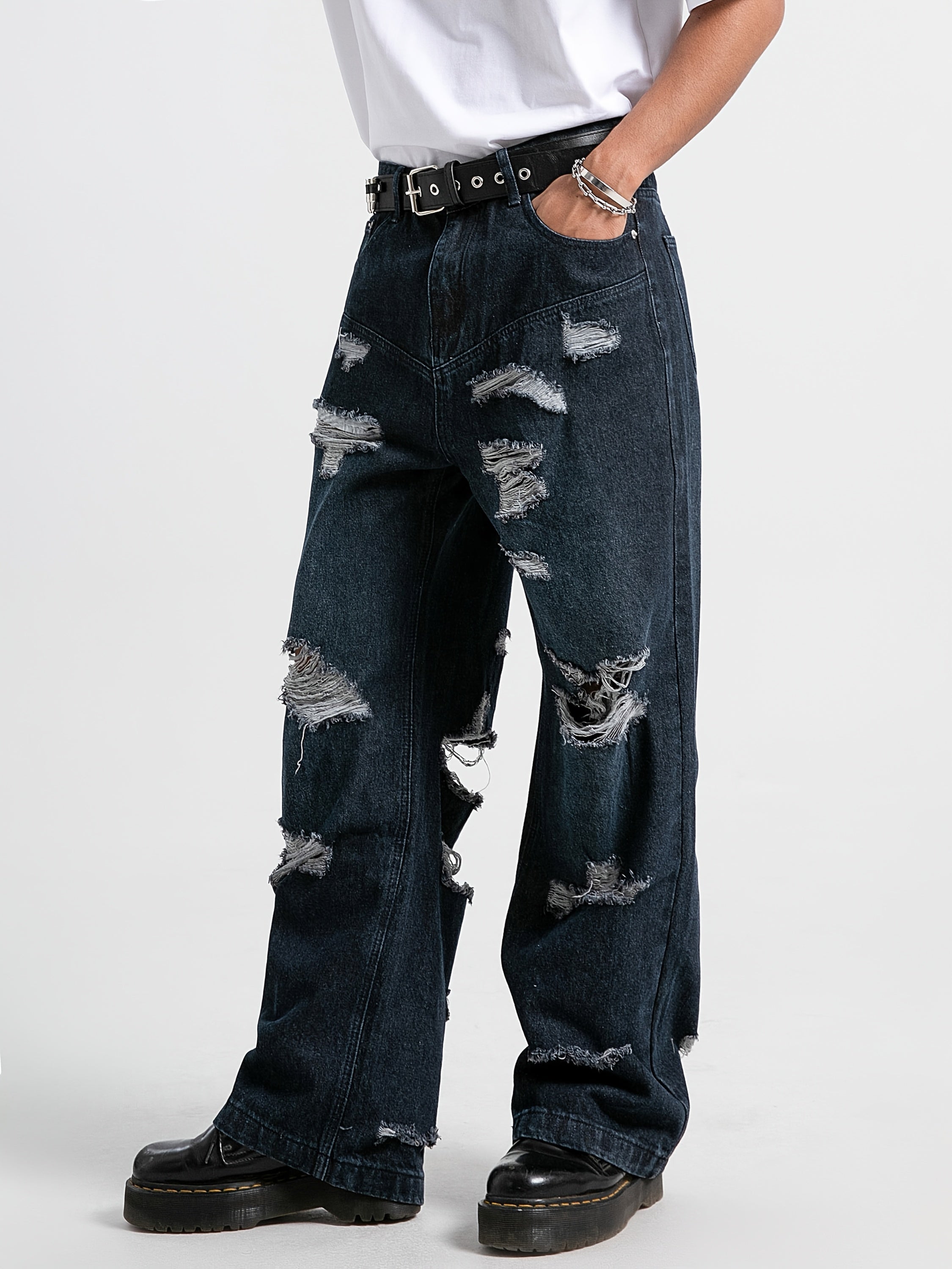 Men'S Casual Ripped Straight Jeans - Fringed Design, Hip-hop Street Style, Ripped Floor-length Wide-leg Pants Suitable For Rap, Street Dance And Skateboarding