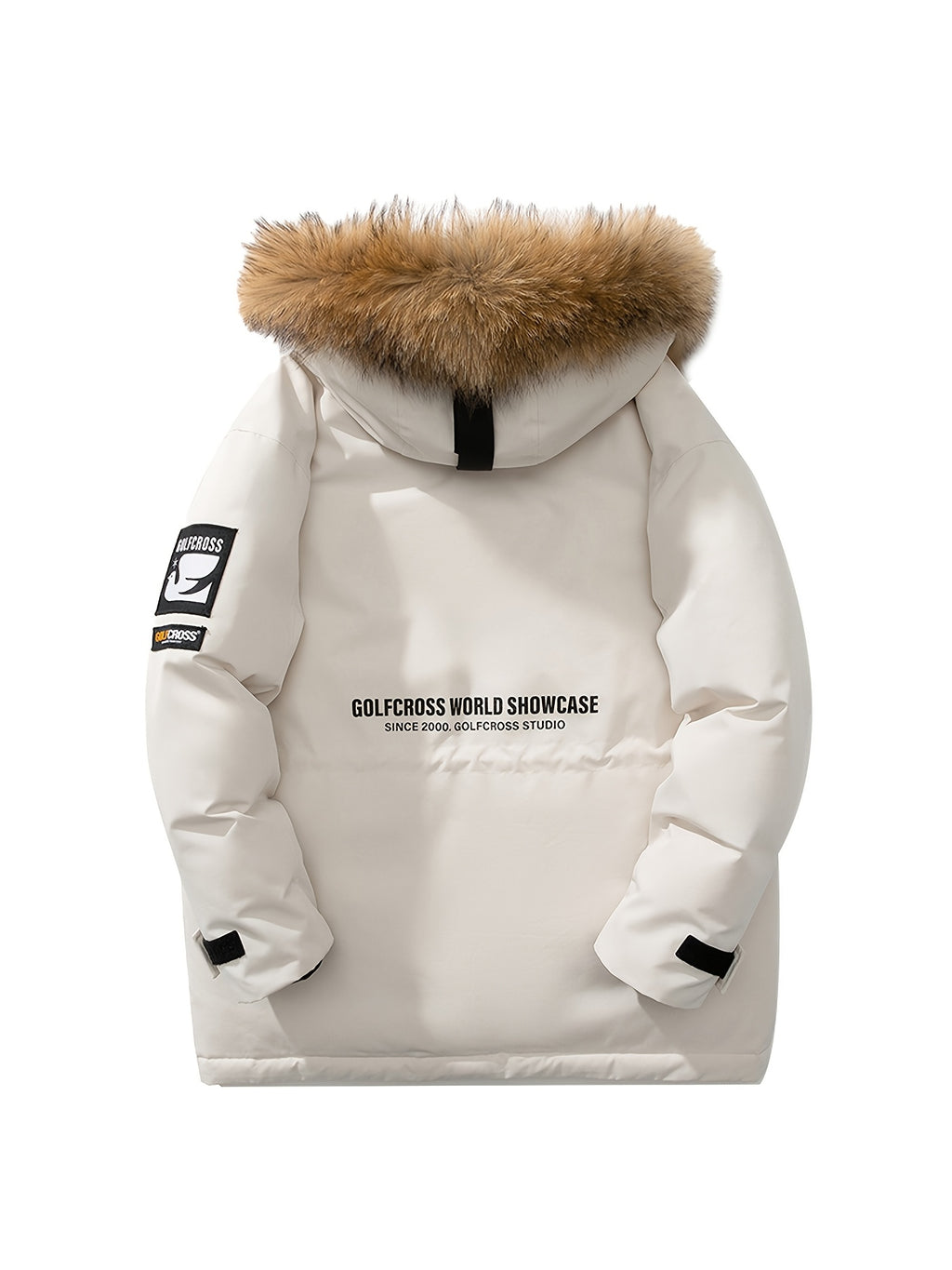 Men'S Casual Hooded Down Jacket, Polyester Shell with 90% White Duck Down Filling, Loose Fit, Non-Stretch Woven Fabric, with Detachable Fleece Lining, Multiple Pockets, Zippered Placket, Alphabet Pattern, for Daily Wear, Thick