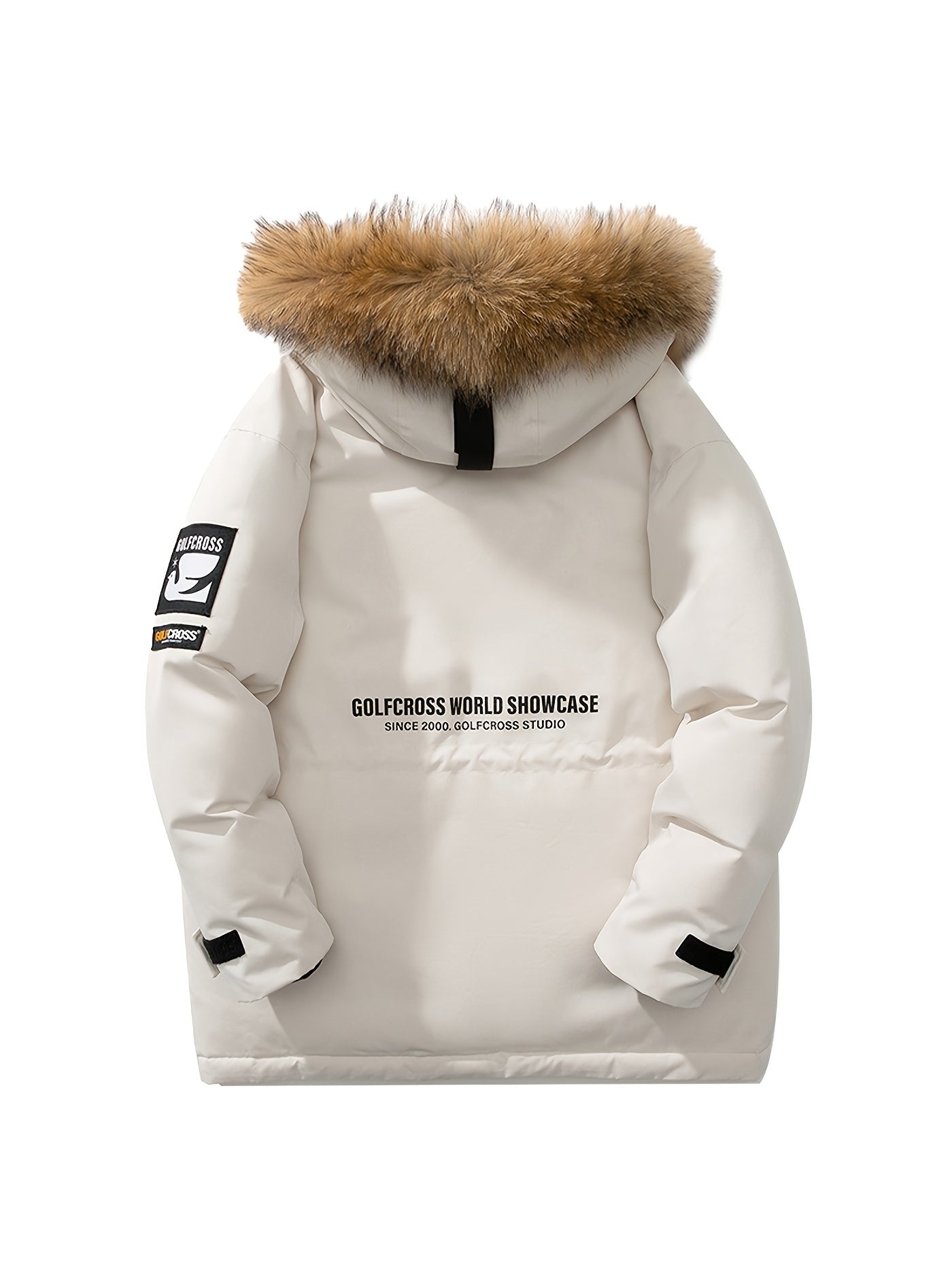 Men'S Casual Hooded Down Jacket, Polyester Shell with 90% White Duck Down Filling, Loose Fit, Non-Stretch Woven Fabric, with Detachable Fleece Lining, Multiple Pockets, Zippered Placket, Alphabet Pattern, for Daily Wear, Thick