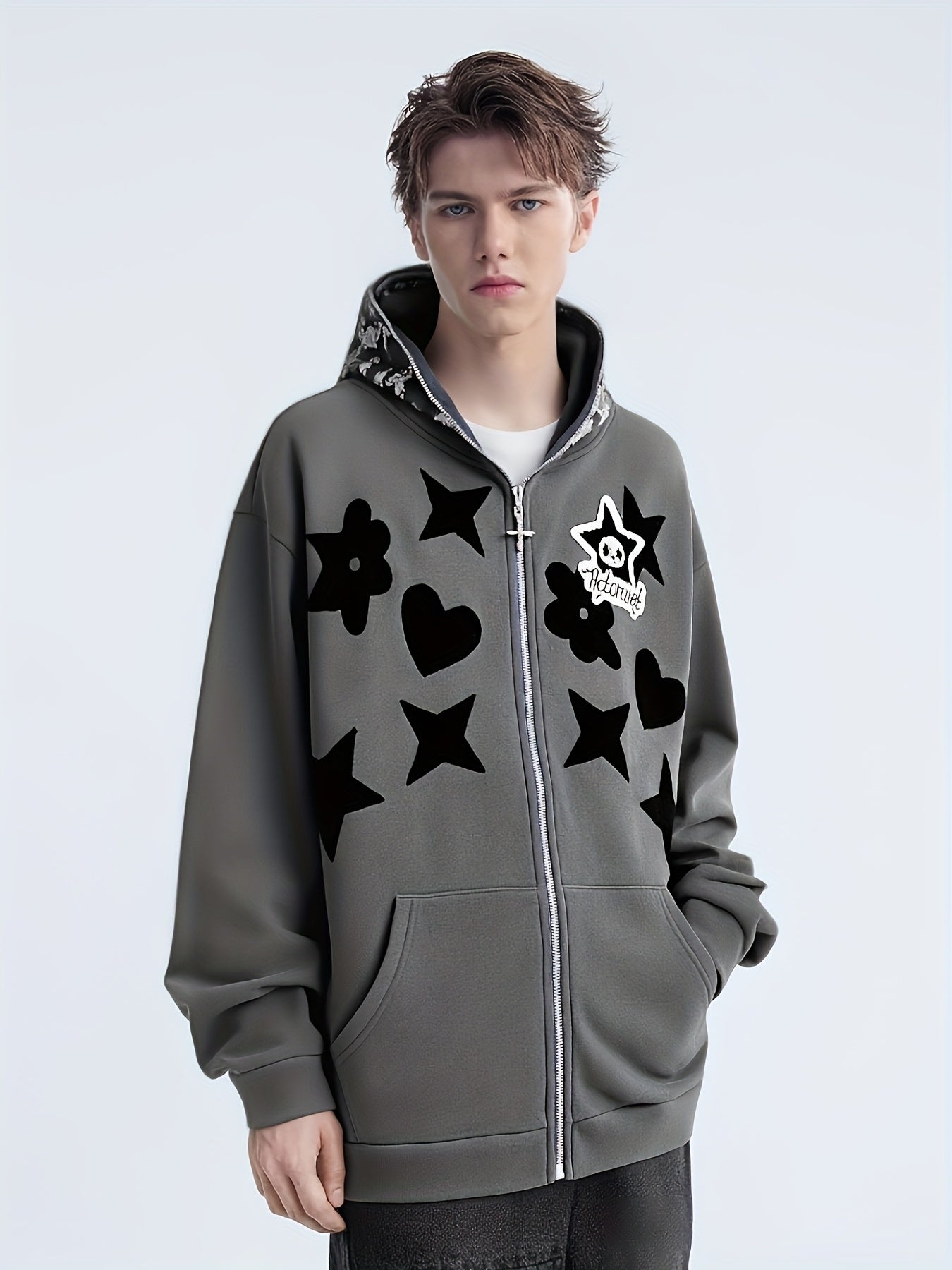 Men'S Casual Hooded Jacket with Full-Zip Closure & Star Print - & Geometric Design, Regular Fit, Lightweight Fabric, Casual Outerwear for Everyday & Formal, Jacket Hoodie, Streetwear Fashion, Urban Style, Streetwear Lovers