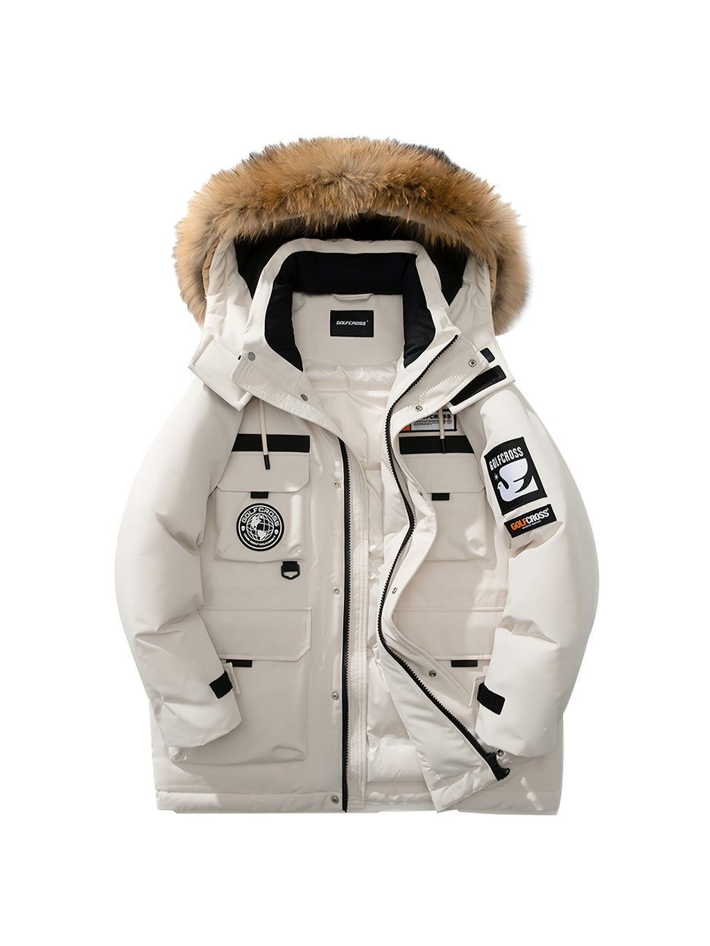 Men'S Casual Hooded Down Jacket, Polyester Shell with 90% White Duck Down Filling, Loose Fit, Non-Stretch Woven Fabric, with Detachable Fleece Lining, Multiple Pockets, Zippered Placket, Alphabet Pattern, for Daily Wear, Thick