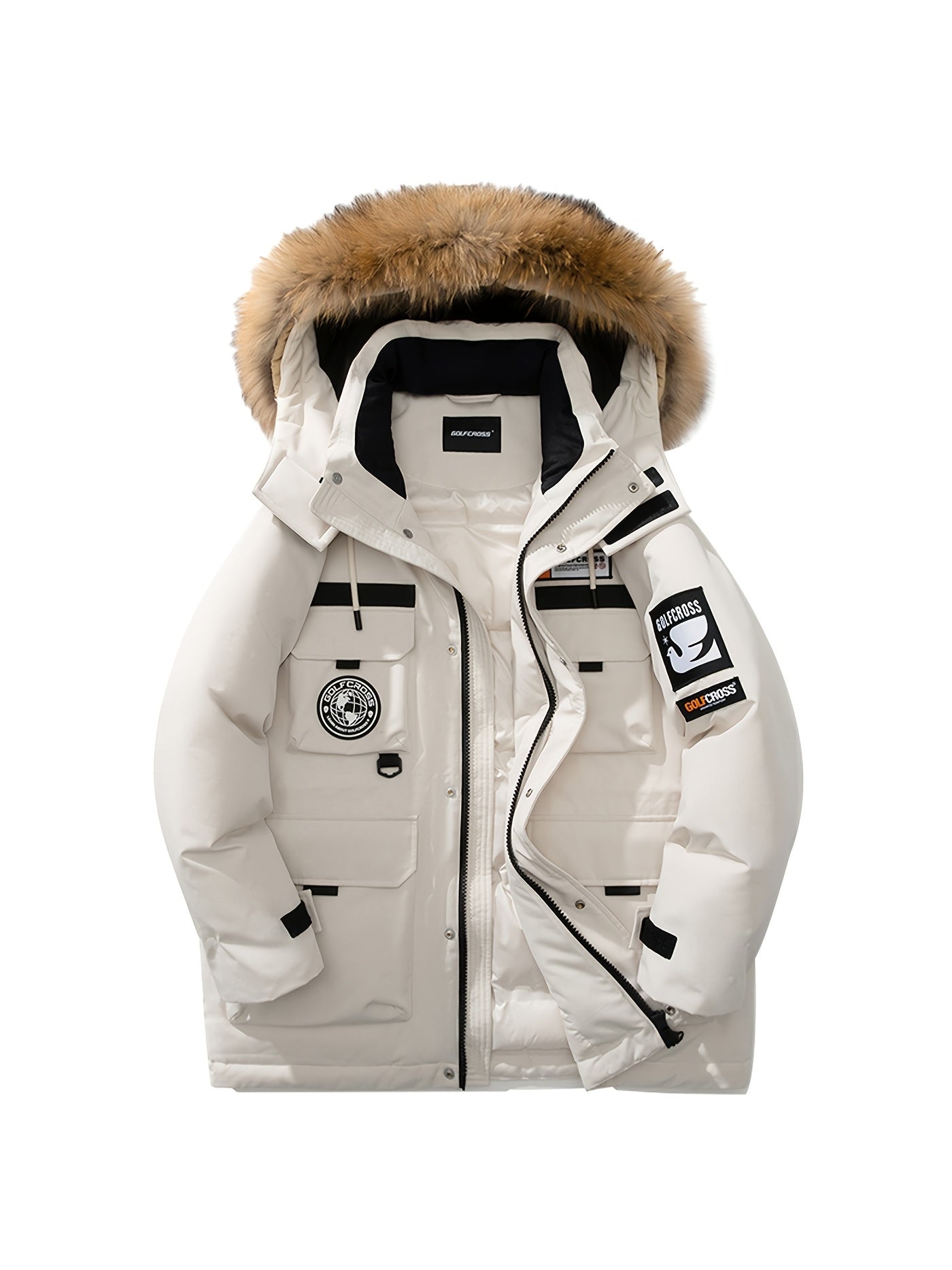 Men'S Casual Hooded Down Jacket, Polyester Shell with 90% White Duck Down Filling, Loose Fit, Non-Stretch Woven Fabric, with Detachable Fleece Lining, Multiple Pockets, Zippered Placket, Alphabet Pattern, for Daily Wear, Thick