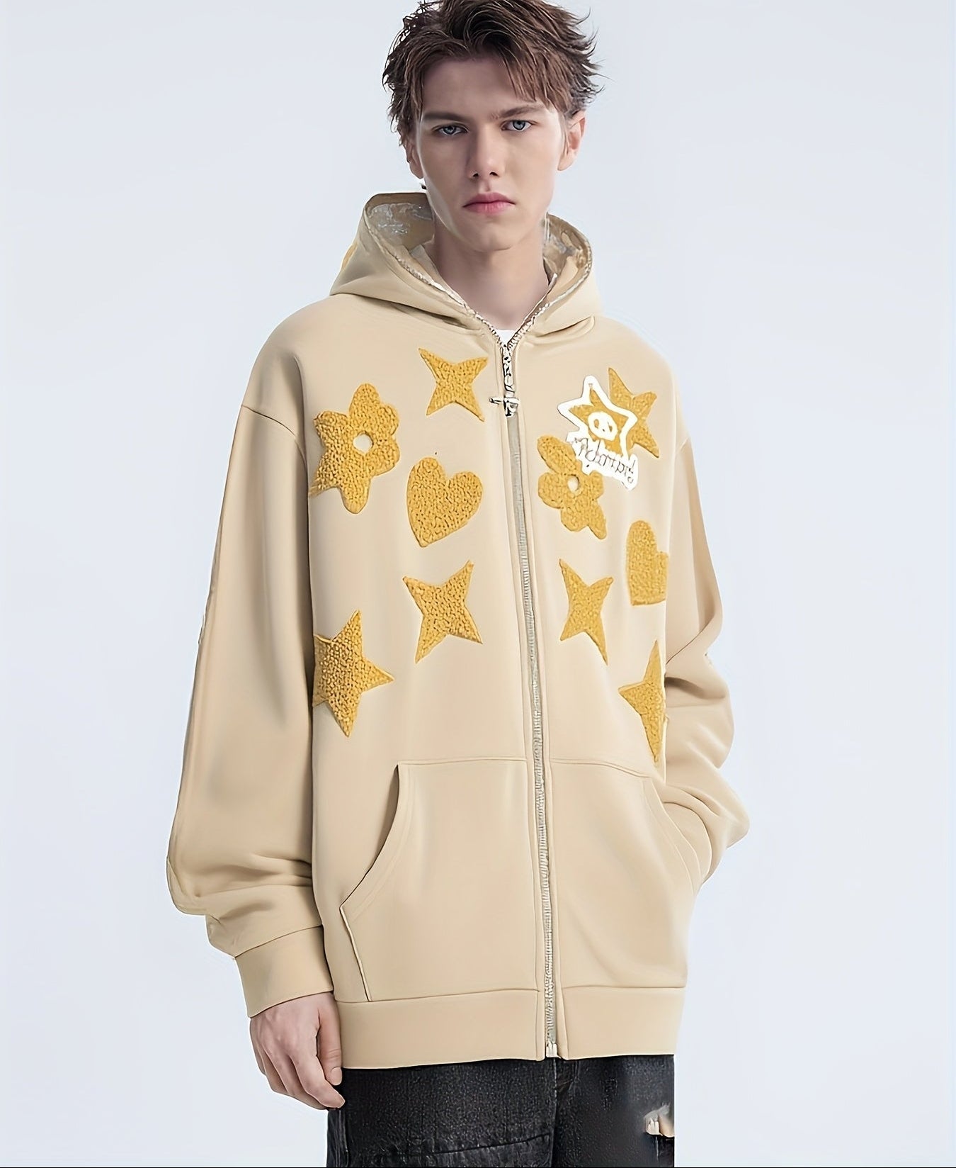 Men'S Casual Hooded Jacket with Full-Zip Closure & Star Print - & Geometric Design, Regular Fit, Lightweight Fabric, Casual Outerwear for Everyday & Formal, Jacket Hoodie, Streetwear Fashion, Urban Style, Streetwear Lovers