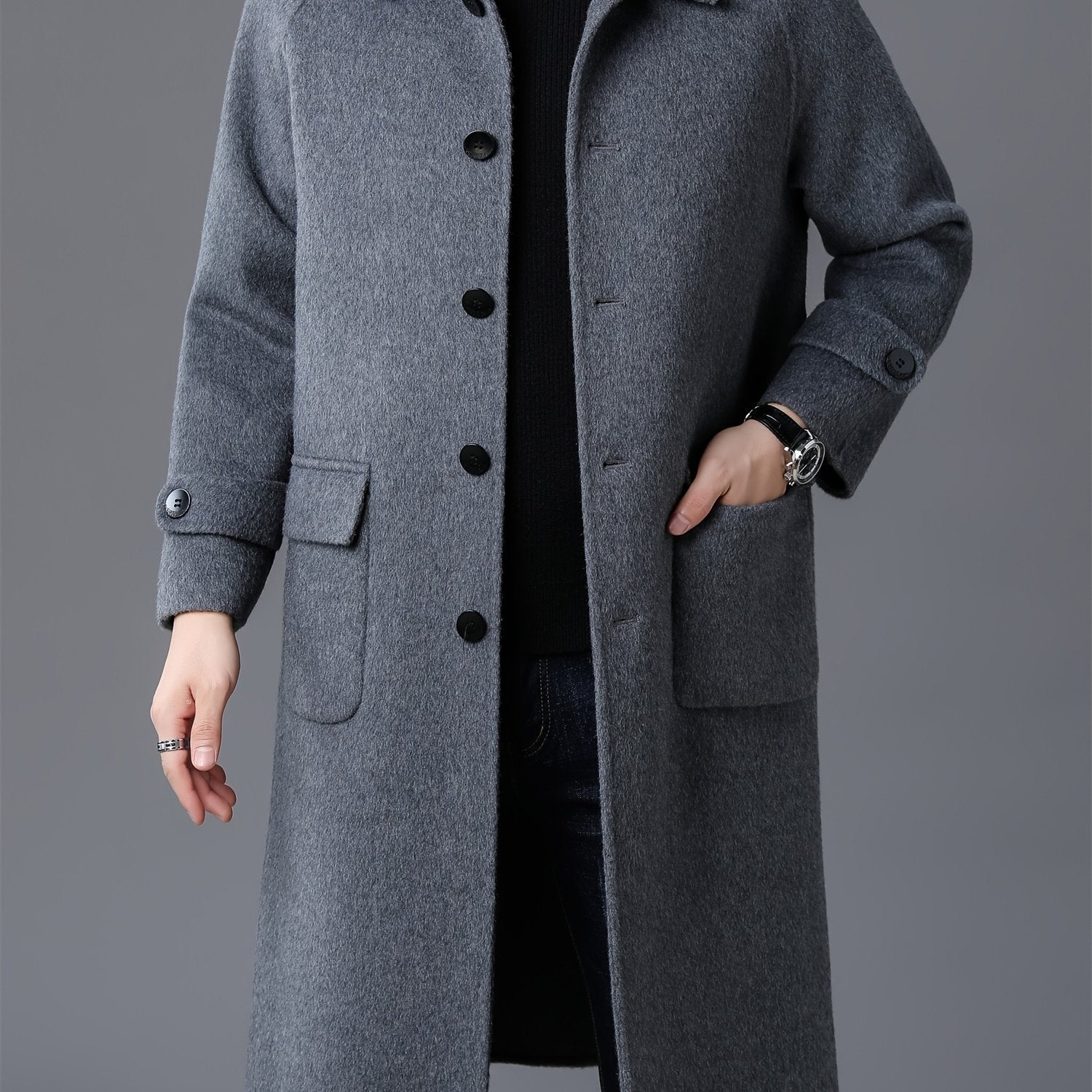 Men's Wool Jacket and Coat, Autumn and Winter Over-the-Knee Double-Breasted Tweed Coat, Single Button Stand Collar, Casual Elegant Style, Perfect Birthday Gift for Men