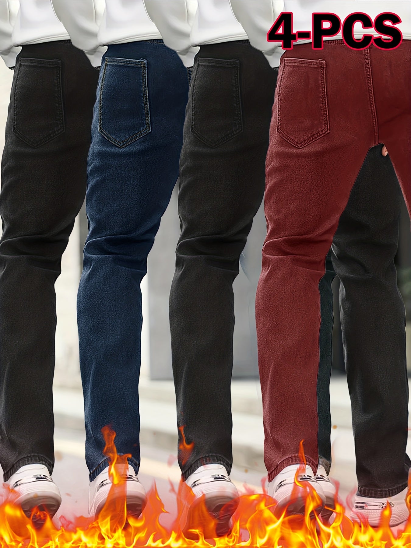4pcs Men's Slim-Fit Fleece-Lined Jeans - Heavy-Duty Winter Pants with Stretch, Blue Washed & Classic 5-Pocket (No Bulk) - Warm Streetwear Trousers for Cold Weather (Hand Wash\u002FDry Clean) - Multi-Season Layering Essential