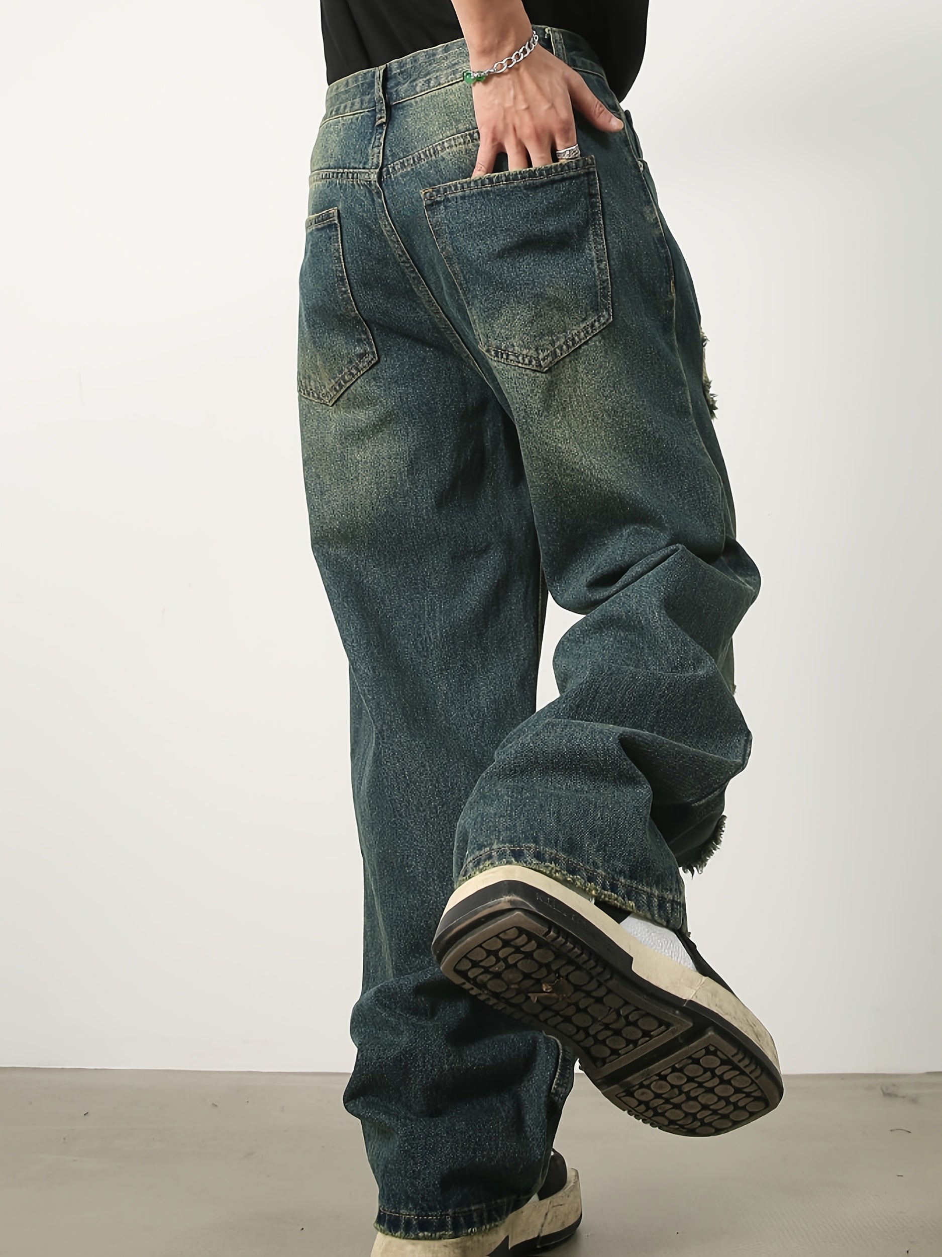 Men'S Fashion Design Sense Hole Straight Jeans Sanded Wide Leg Loose Casual Pants Walking Cycling Pants.