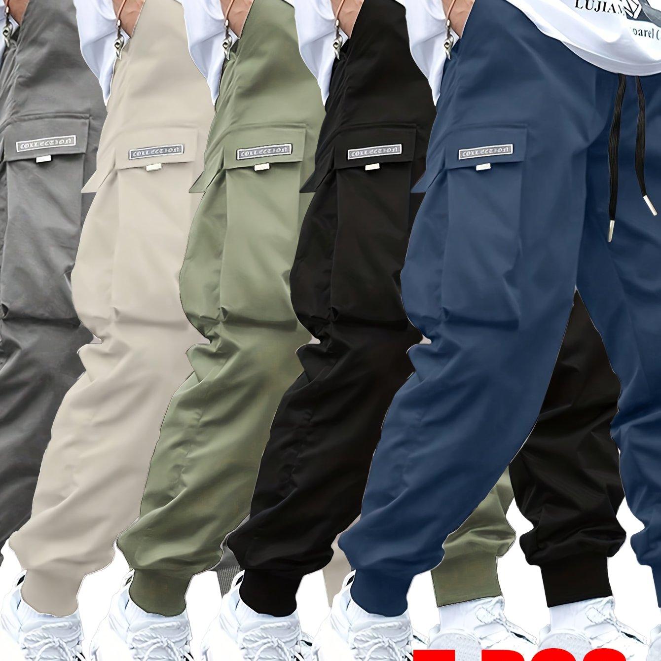 5-Pack Men's Cargo Pants with Elastic Drawstring Waist & Multiple Pockets - Durable Non-Stretch Fabric, Regular Fit All-Season Casual Outdoor Work Pants in 5 Colors (Beige\u002FGray\u002FBrown\u002FBlack\u002FNavy)