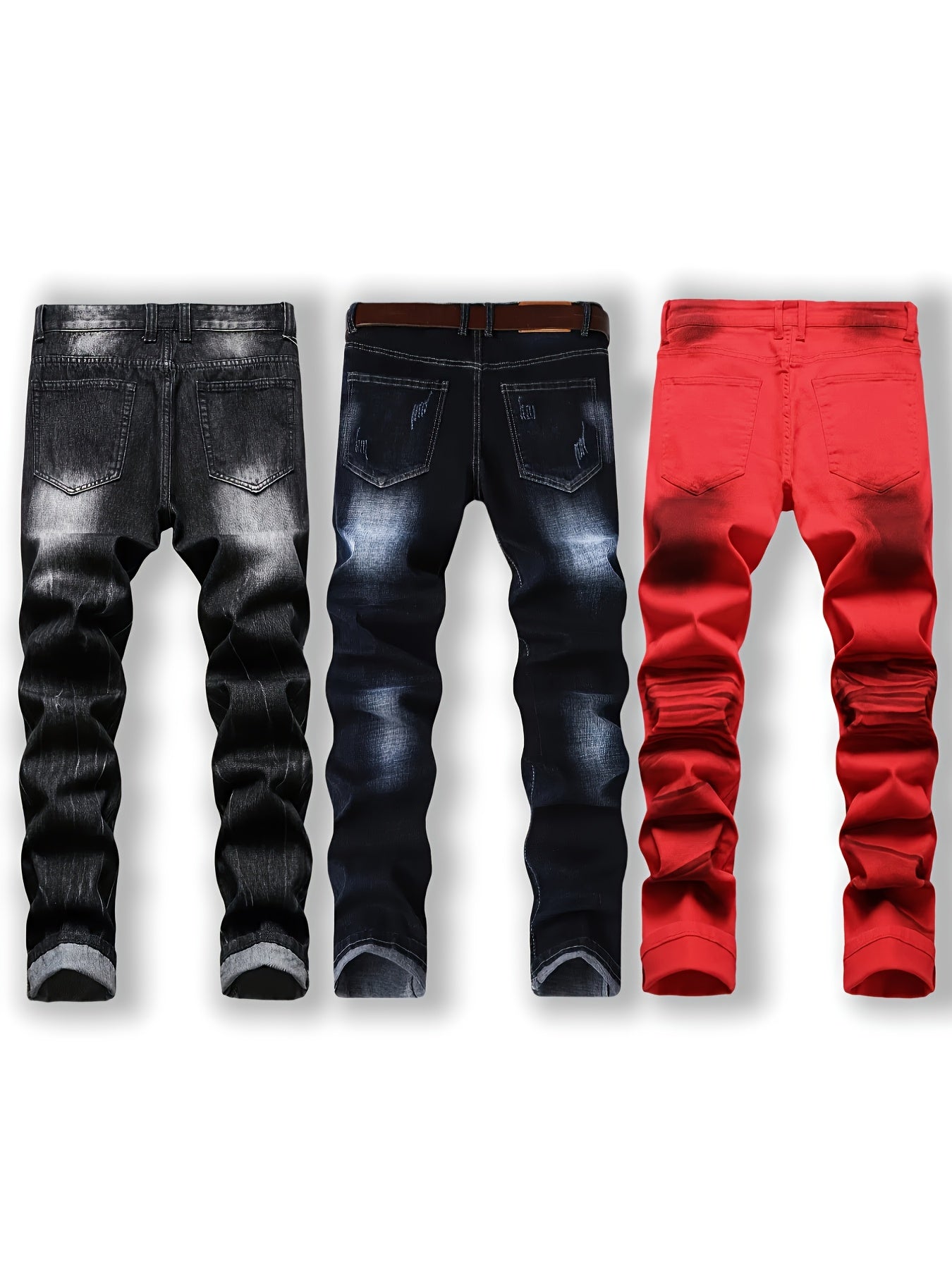 3pcs Men'S Slim-Fit Ripped Faux Denim - Stretch Faux Denim Street Style, Dark Blue, All-Season Comfort, Mid-Rise with Zipper Fly, Regular Fit for Casual Attire, Comfortable Fashion, Trendy Streetwear, Durable Fabric