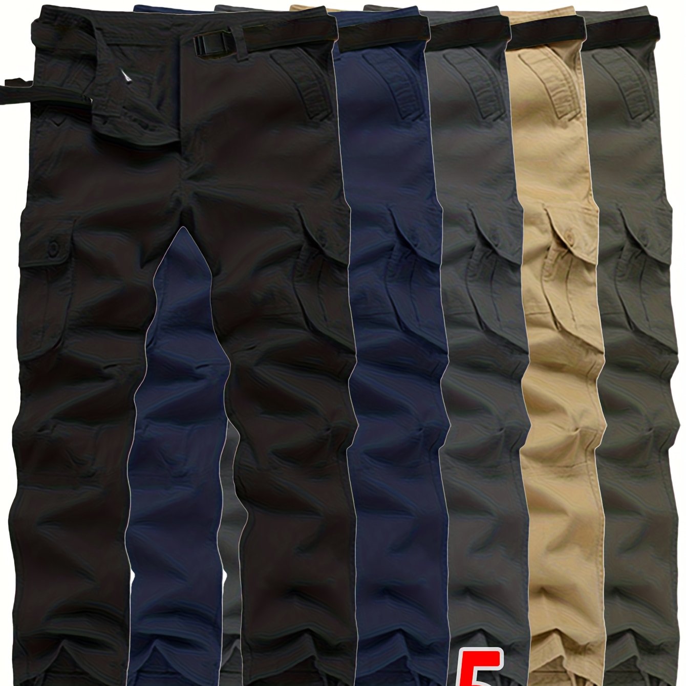 Five-Pack Men's Cargo Pants for Spring\Autumn, Multi-Pocket Solid Color Casual Straight-Leg Sports Outdoor Hiking Pants with Large Capacity Pockets, Loose Work Pants