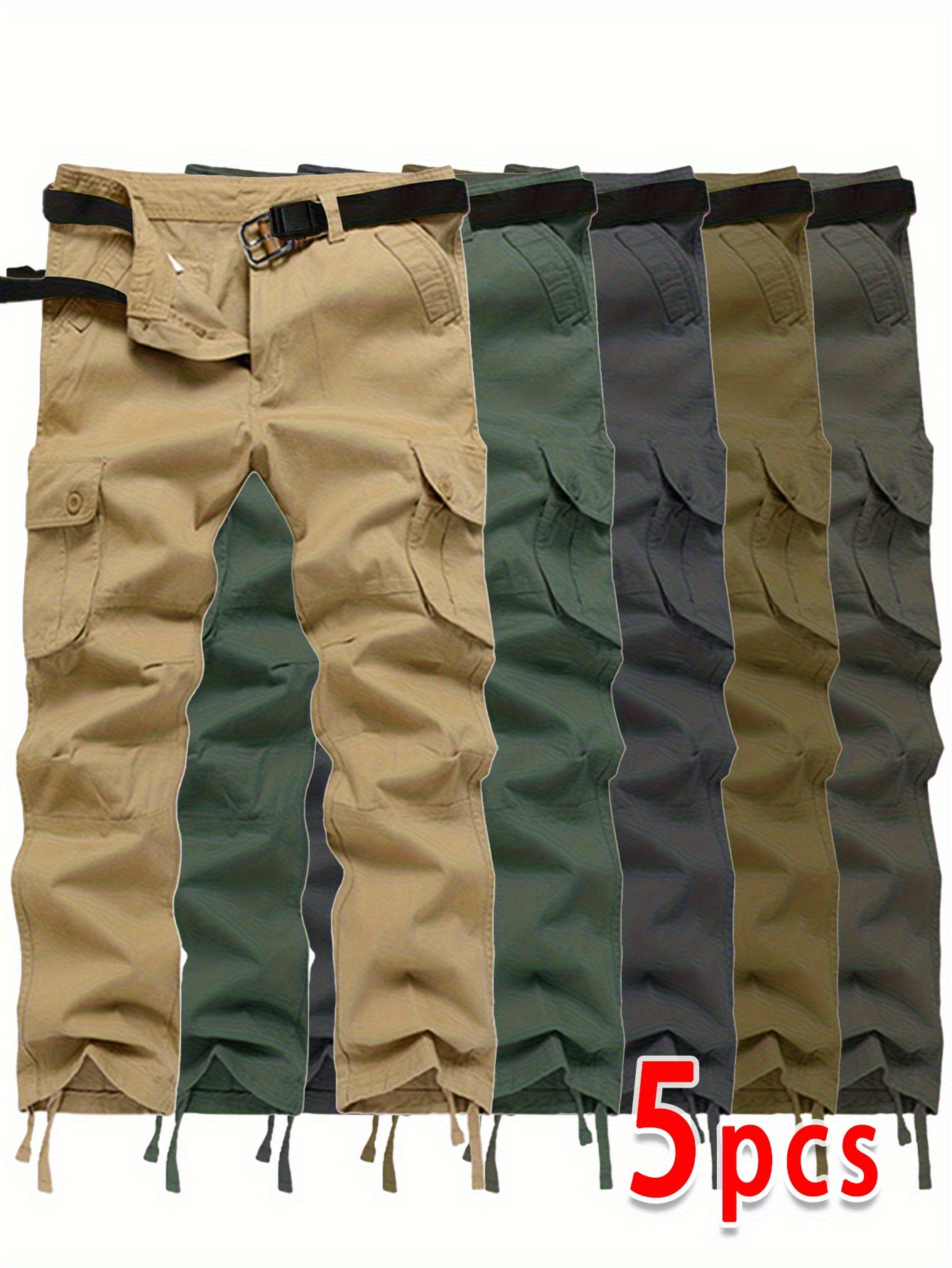 Five-Pack Men's Cargo Pants for Spring\Autumn, Multi-Pocket Solid Color Casual Straight-Leg Sports Outdoor Hiking Pants with Large Capacity Pockets, Loose Work Pants