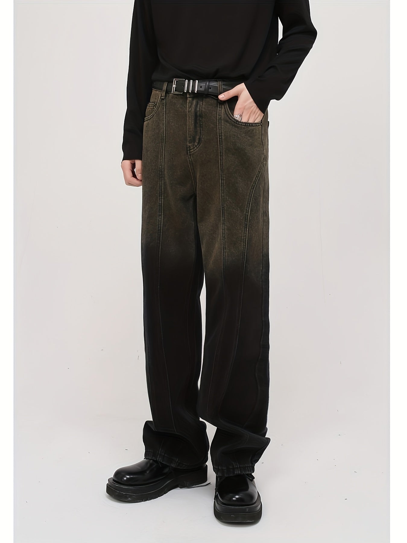 Jeans Men'S Retro Distressed Brown Straight Leg Mop Loose Casual Wide-leg Pants
