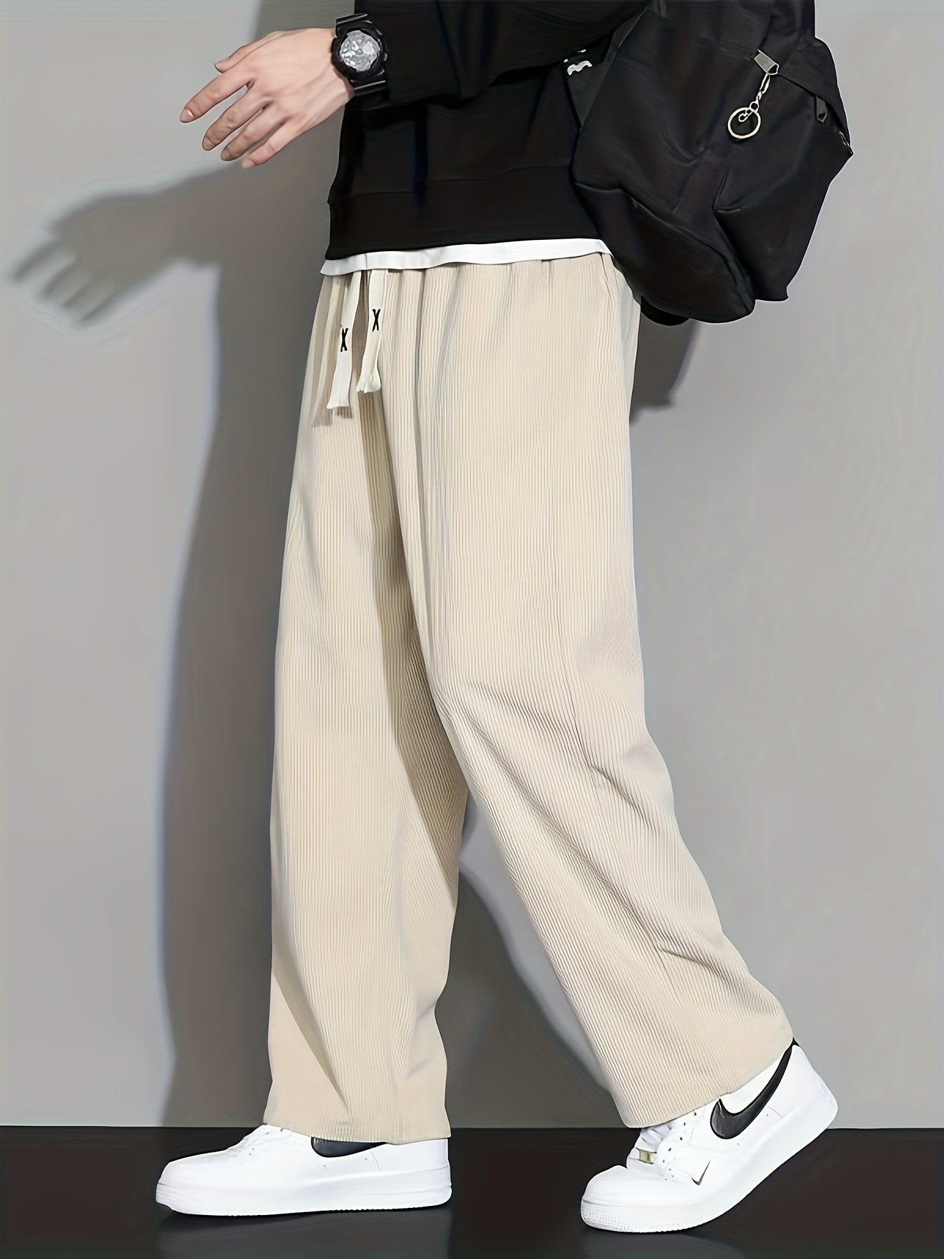 Men'S Heavyweight Corduroy-like Faux Denim Trousers - Thick Warm Winter-Ready Loose-Fit Straight Leg Pants with Elastic Drawstring Waist & Multiple Pockets, Casual to Semi-Formal Wear for Spring\u002FAutumn, Durable Non-Stretch Fabric (Regular Length)