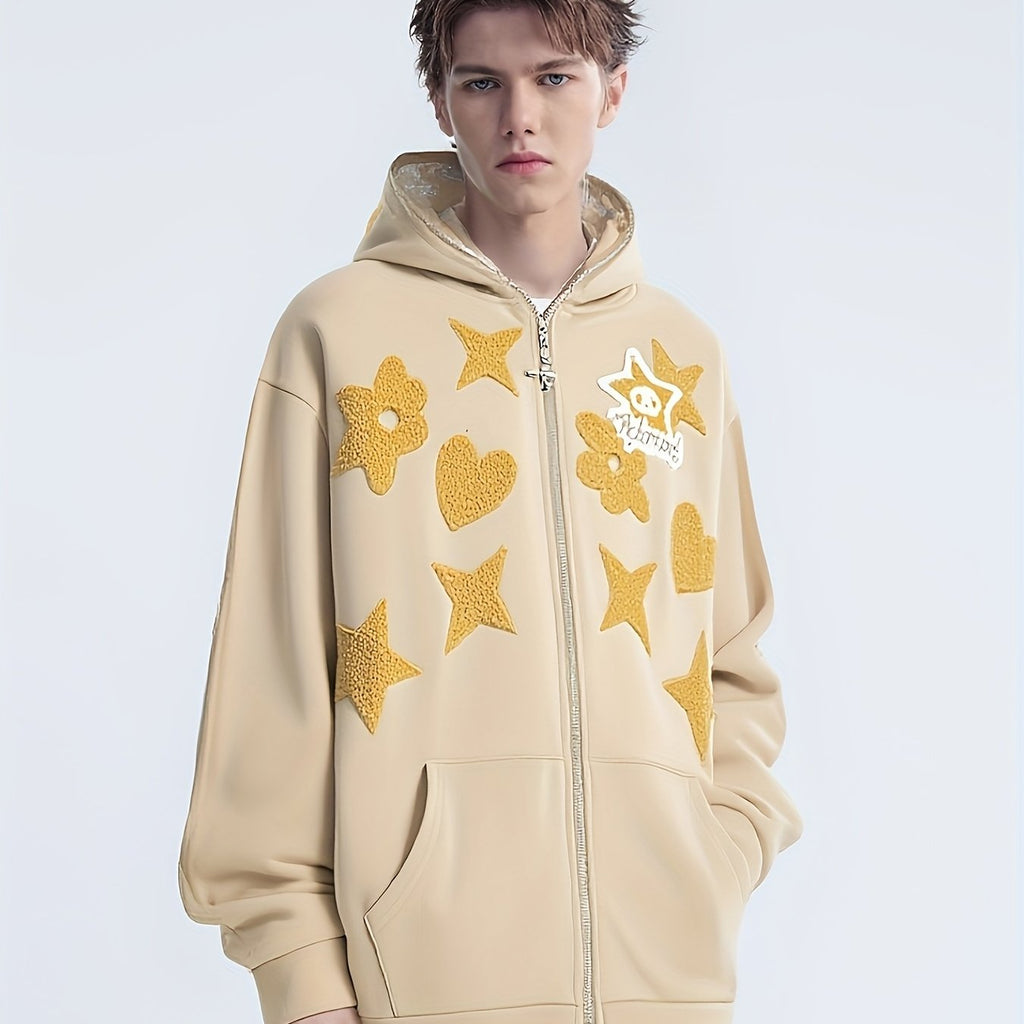 Men'S Casual Hooded Jacket with Full-Zip Closure & Star Print - & Geometric Design, Regular Fit, Lightweight Fabric, Casual Outerwear for Everyday & Formal, Jacket Hoodie, Streetwear Fashion, Urban Style, Streetwear Lovers